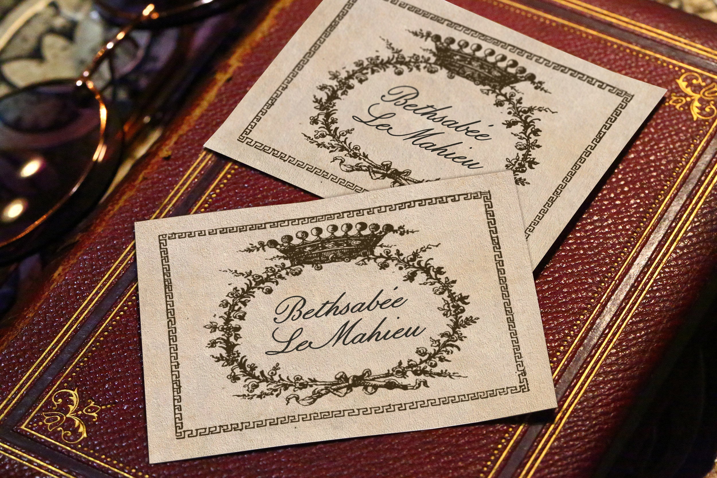 Crown and Wreath, Personalized Ex-Libris Bookplates, or Labels, Crafted on Traditional Gummed Paper, 3.25in x 2.5in, Set of 30