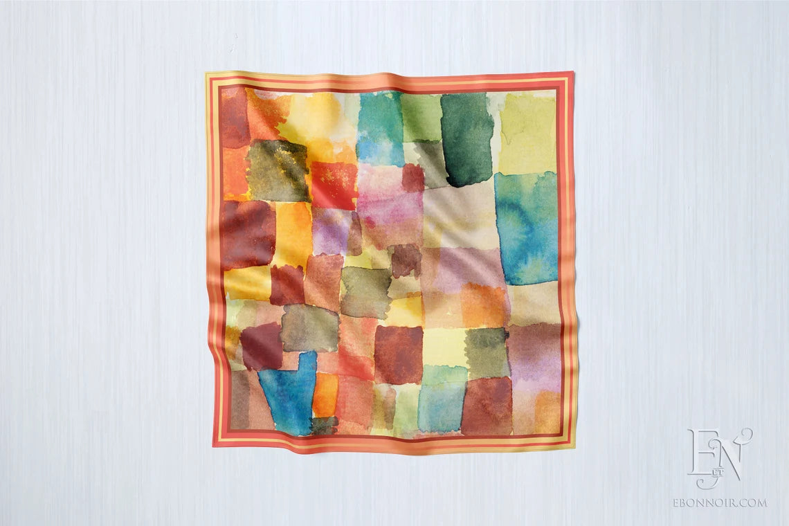 Watercolor Squares by Paul Klee, Luxurious Square Scarf/Wrap/Boho Shawl, Made to Order, Handmade and Cruelty Free