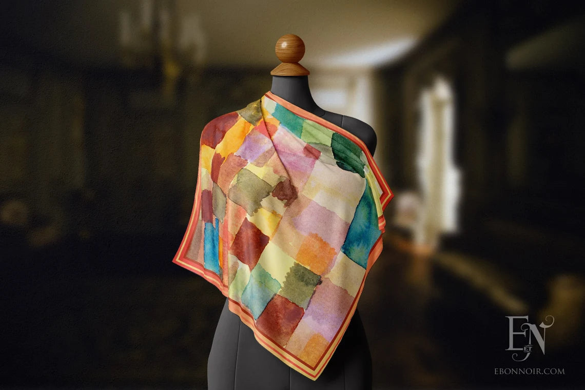 Watercolor Squares by Paul Klee, Luxurious Square Scarf/Wrap/Boho Shawl, Made to Order, Handmade and Cruelty Free