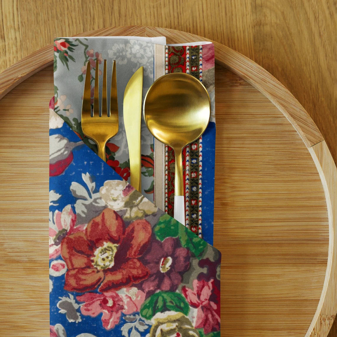 Patchwork Floral Squares Cloth Napkins, Add Mystery to Your Table, 20in x 20in (50.8 cm x 50.8 cm), Set of 4 Napkins