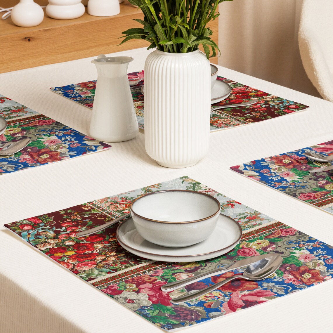 Patchwork Floral Squares Placemat Set, 18in x 24in (45.7 cm × 35.5 cm), Set of 4