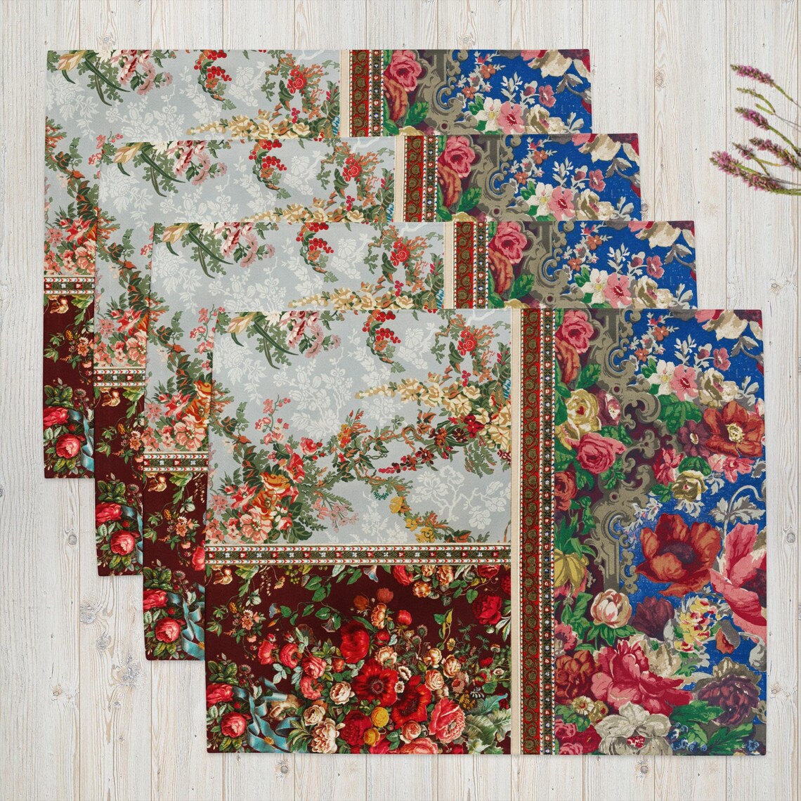 Patchwork Floral Squares Placemat Set, 18in x 24in (45.7 cm × 35.5 cm), Set of 4