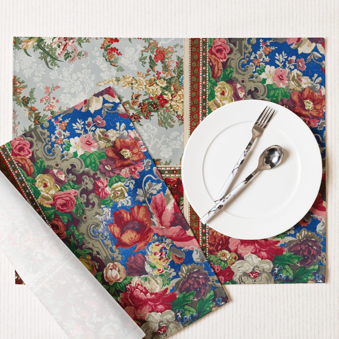 Patchwork Floral Squares Placemat Set, 18in x 24in (45.7 cm × 35.5 cm), Set of 4