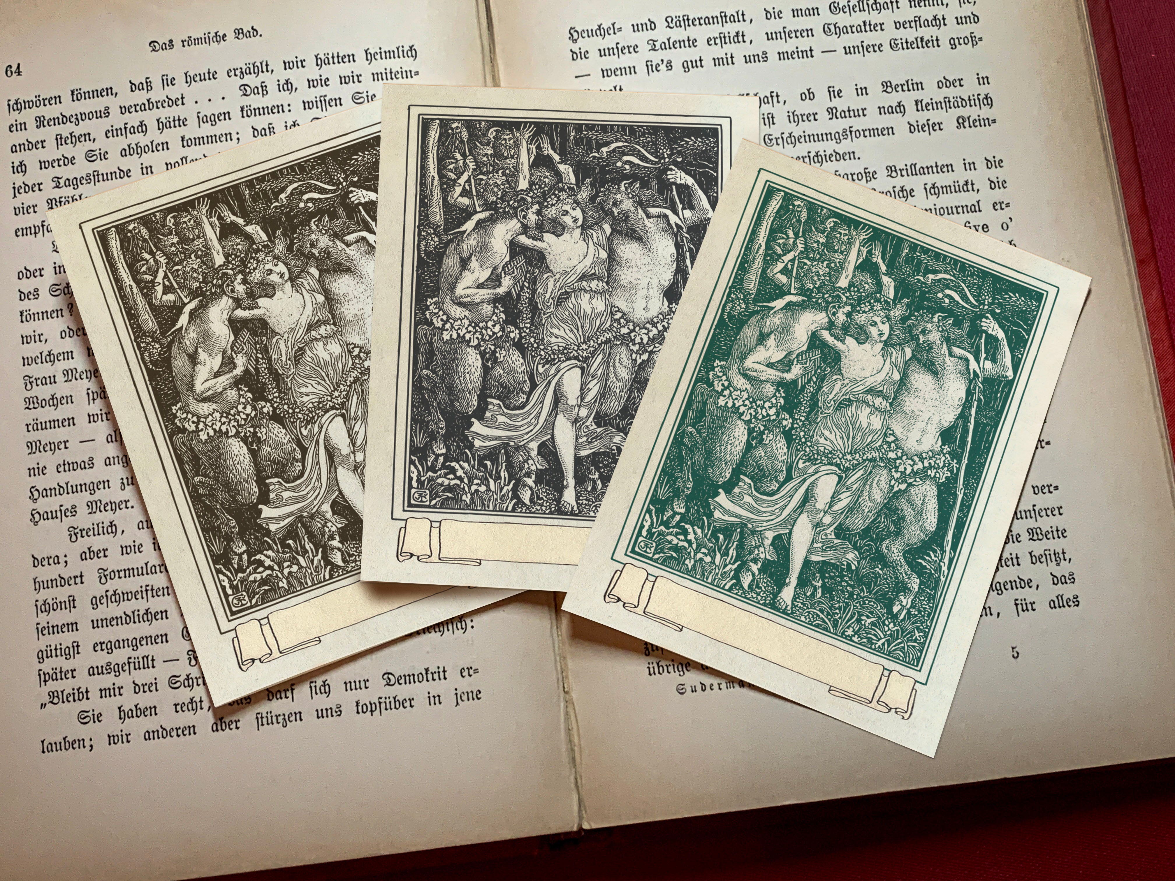 Jolly Satyrs With Nymph, Personalized, Ex-Libris Bookplates, Crafted on Traditional Gummed Paper, 3in x 4in, Set of 30