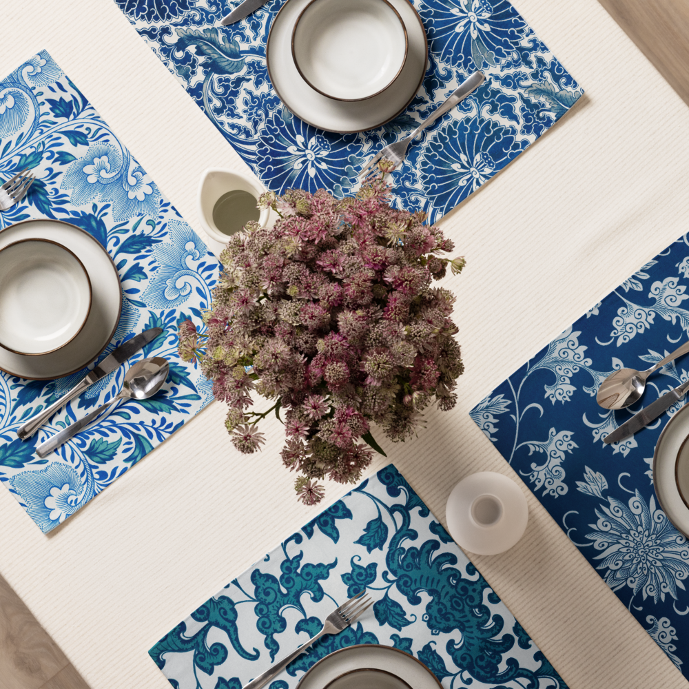 Qinghua, Blue Flowers, Chinese Ornament, Placemat SetPlacemat Set, 18in x 24in (45.7 cm × 35.5 cm), Set of 4
