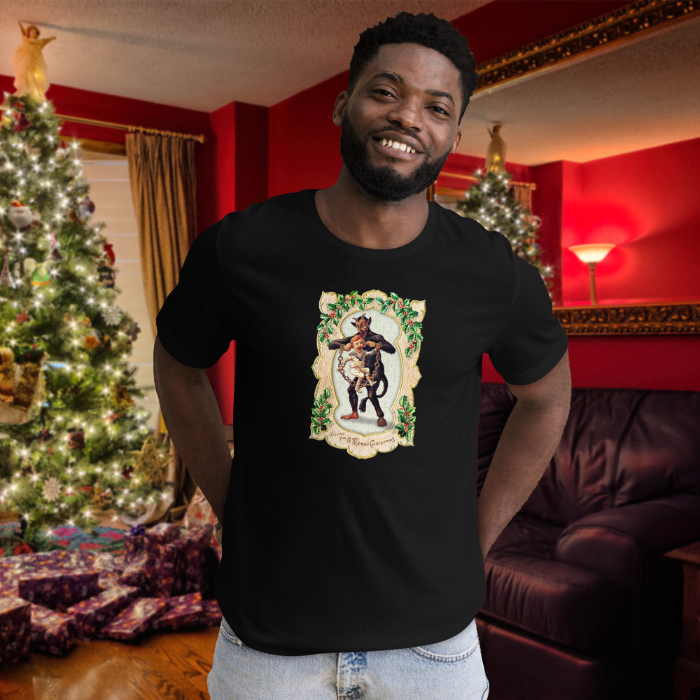 Krampus Pulling Ears, Christmas Holiday Unisex T-shirt, Available in Multiple Colors and Sizes