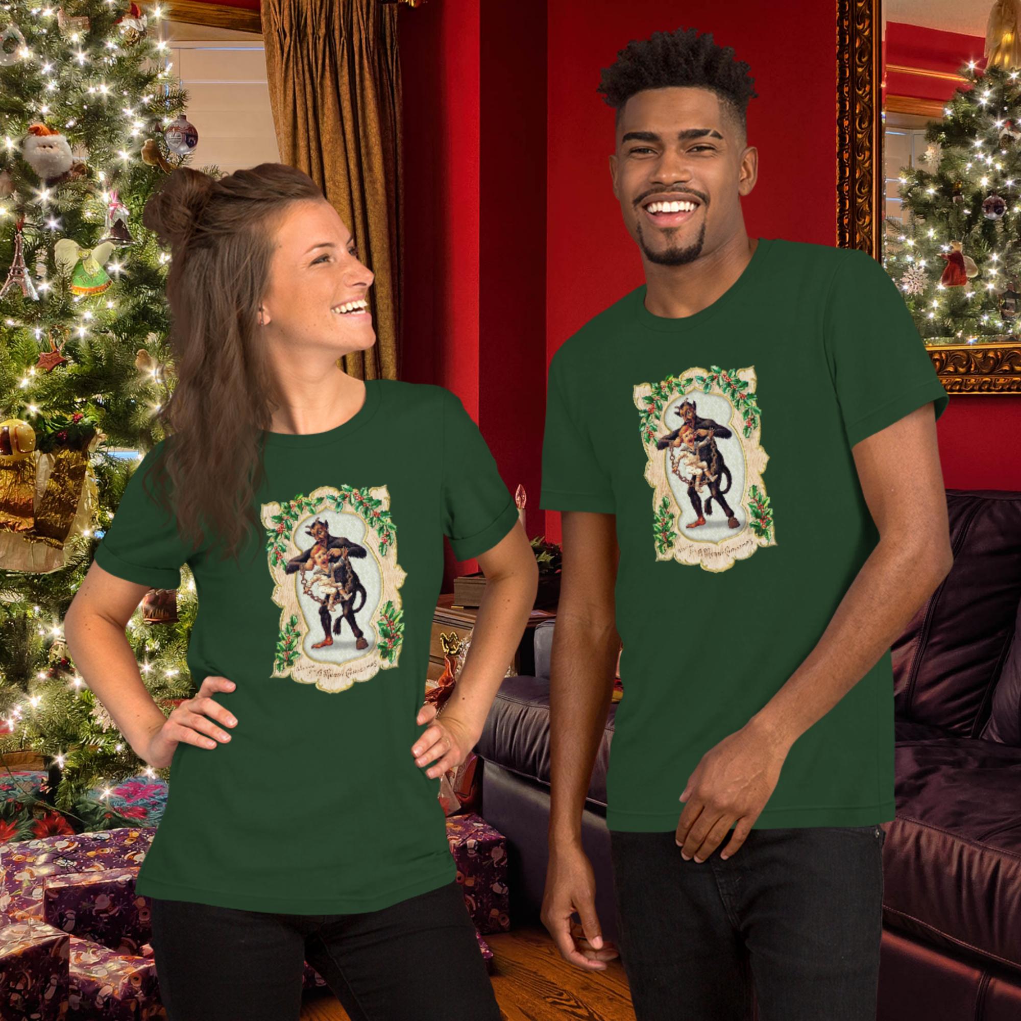 Krampus Pulling Ears, Christmas Holiday Unisex T-shirt, Available in Multiple Colors and Sizes