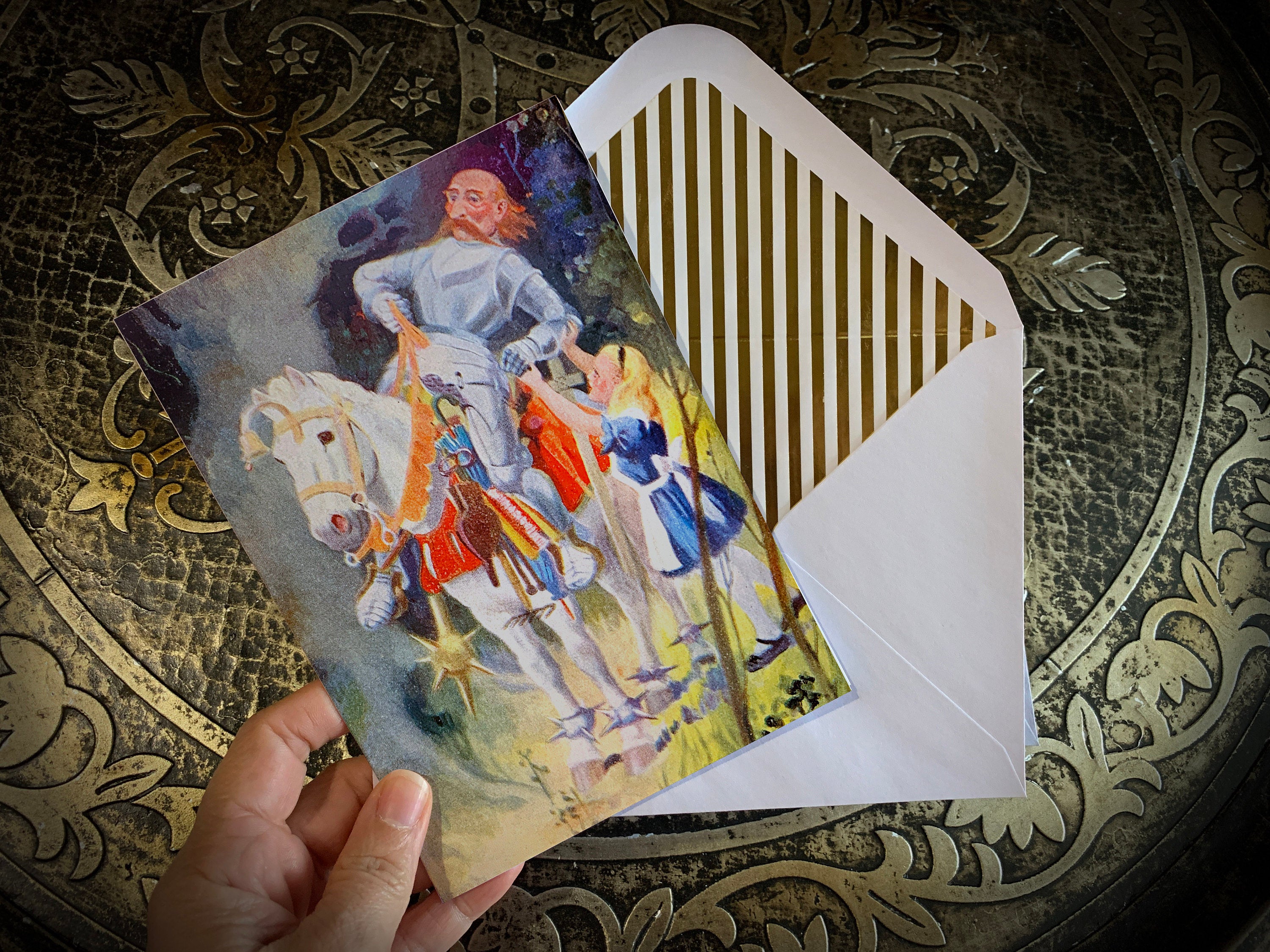 Alice and the White Knight, Alice in Wonderland Greeting Card with Elegant Striped Gold Foil Envelope, 1 Card/Envelope
