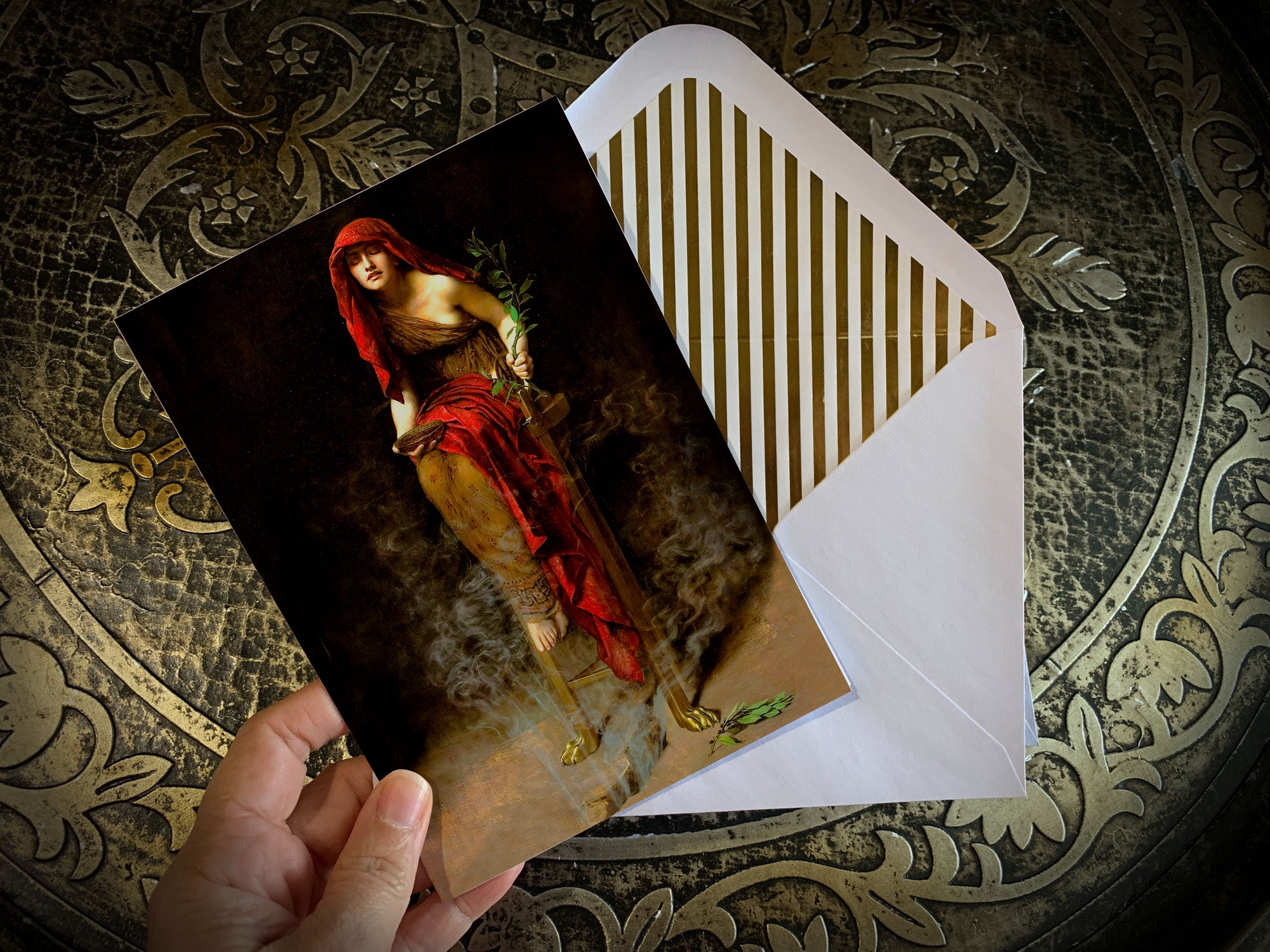 Priestess at Delphi by John Collier, Greeting Card with Elegant Striped Gold Foil Envelope, 1 Card/Envelope