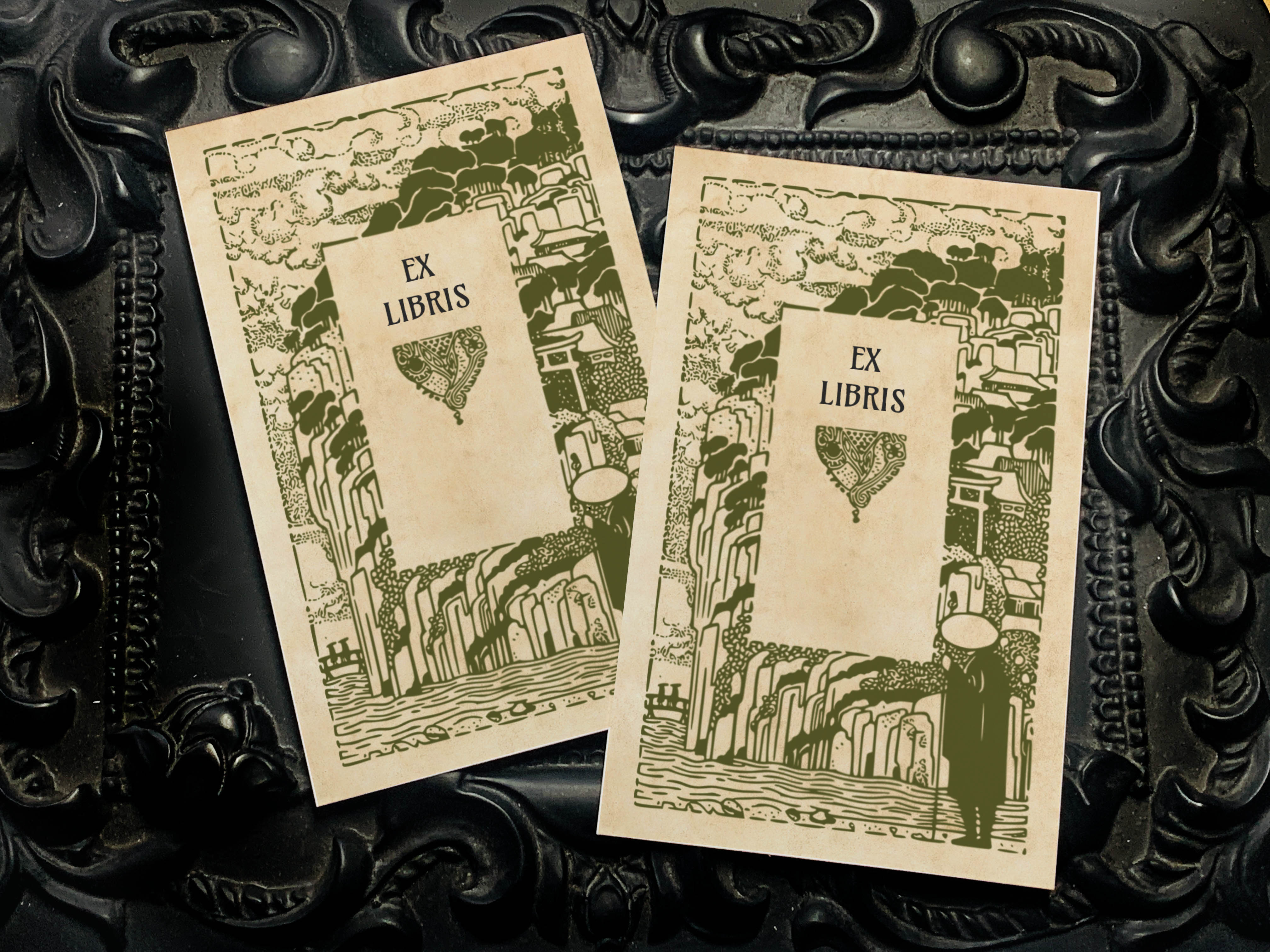 Mountain Village Woodcut, Personalized Ex-Libris Bookplates, Crafted on Traditional Gummed Paper, 2.5in x 4in, Set of 30