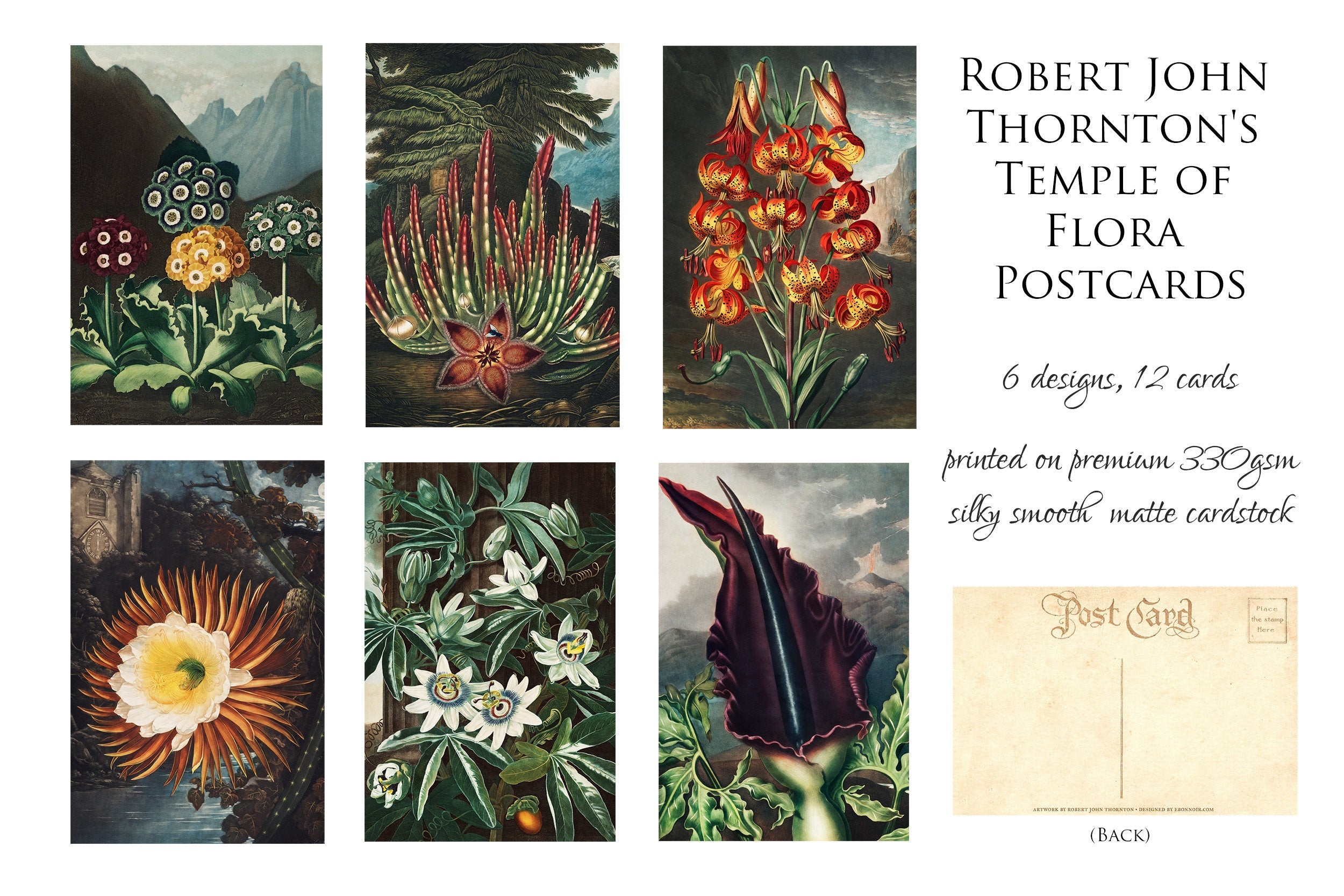 Robert John Thornton's Temple of Flora Postcards/Greeting Cards for Literature and Garden Lovers, 6 Designs, 12 Cards