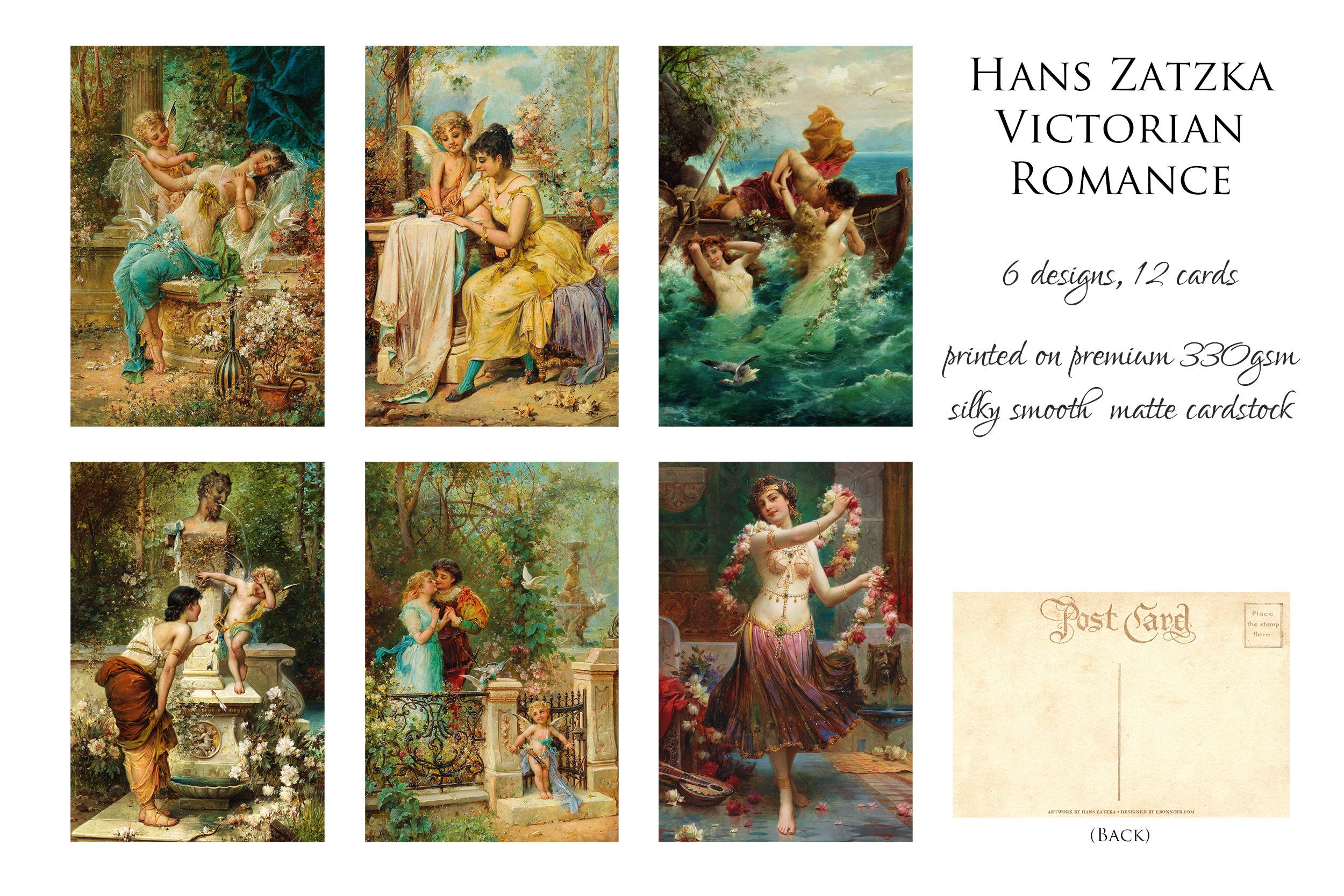 Hans Zatzka Victorian Romance Postcard/Greeting Card Set, Exclusively Designed, 6 Designs, 12 Cards