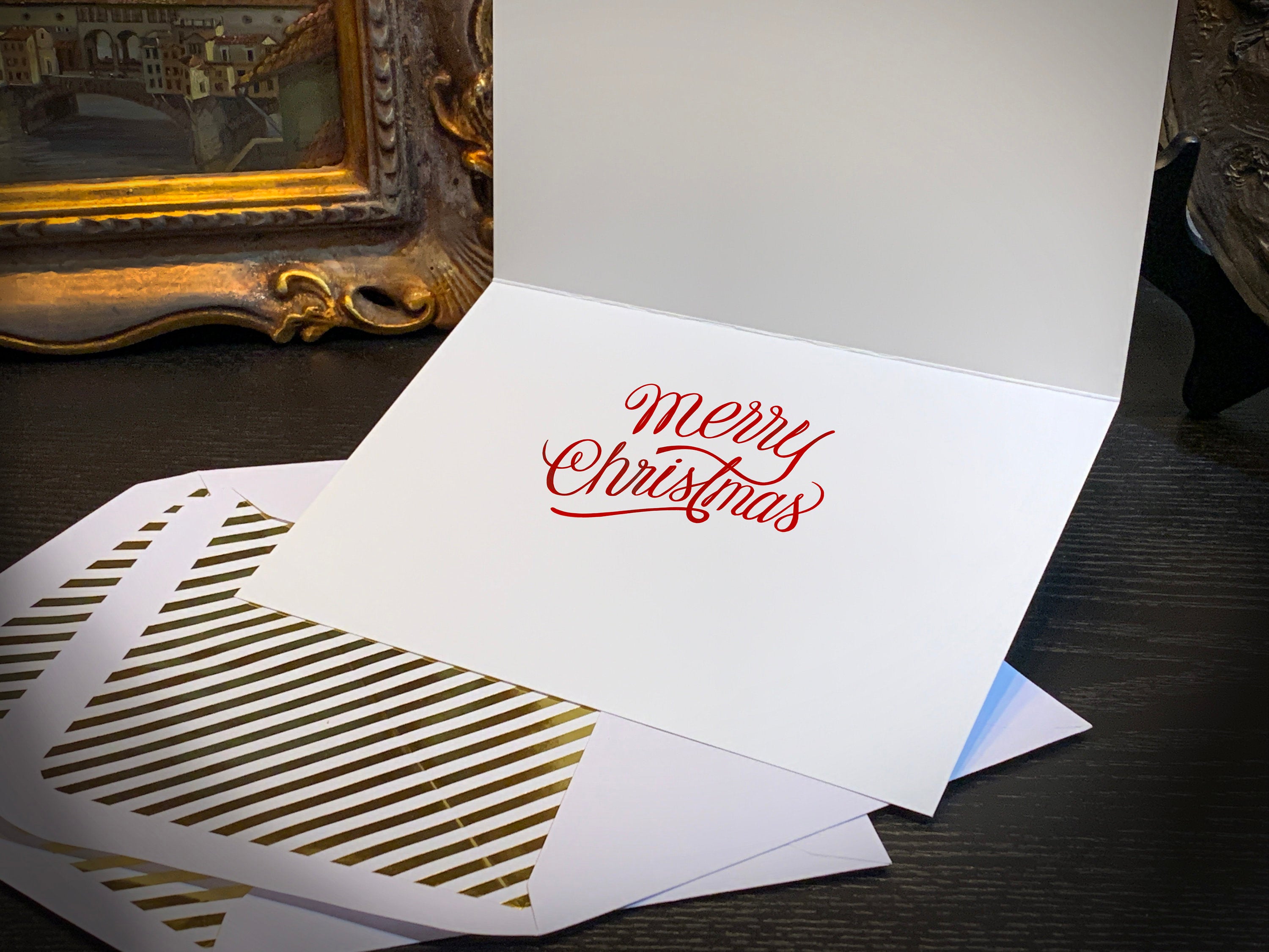 Vintage Christmas Gifting, Christmas Greeting Card with Elegant Striped Gold Foil Envelope, 1 Card/Envelope