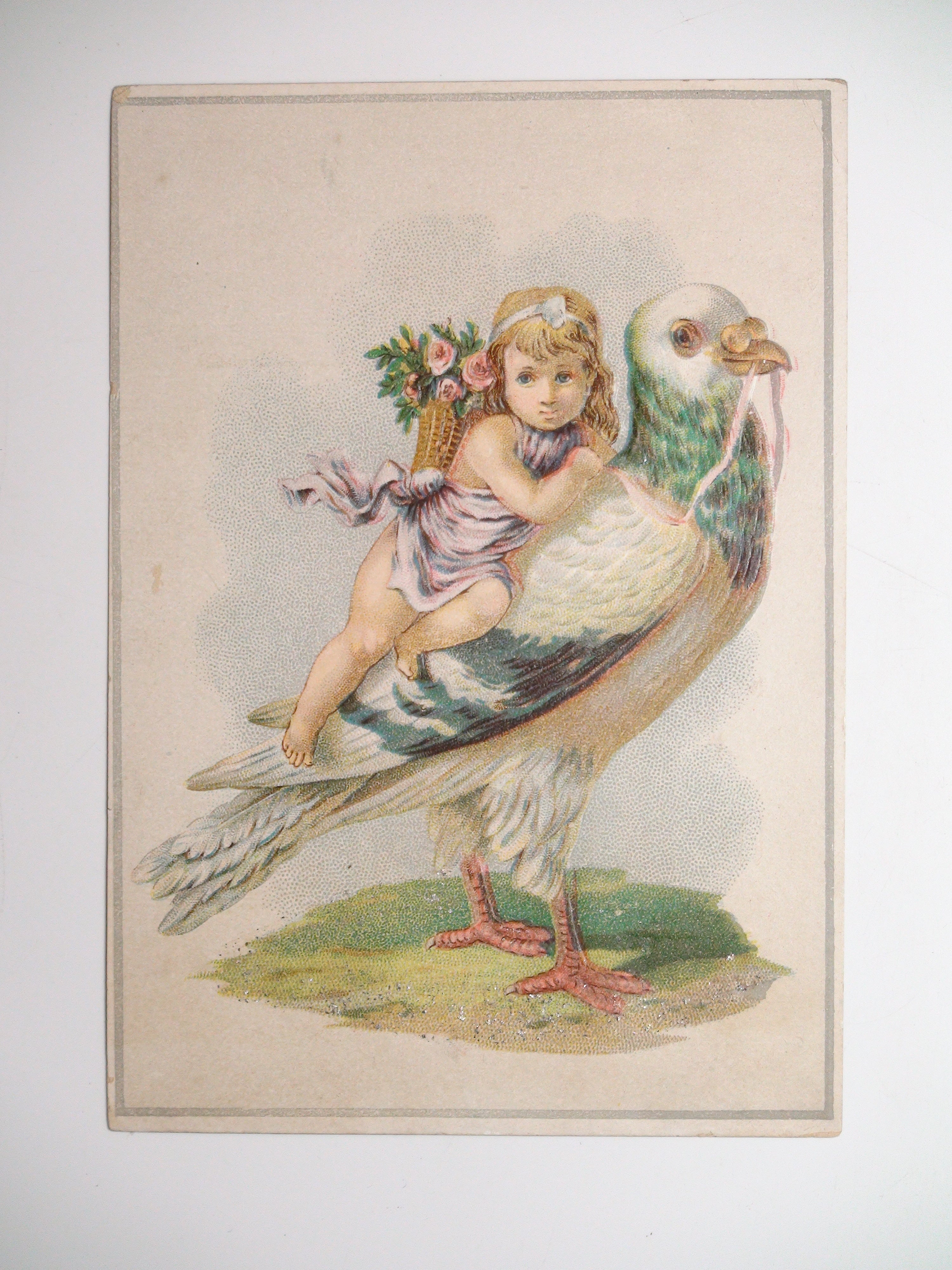 Pair of Original Embossed Victorian Glitter Postcards of Angels Riding Pigeons, in Excellent Condition 4.25in x 6in