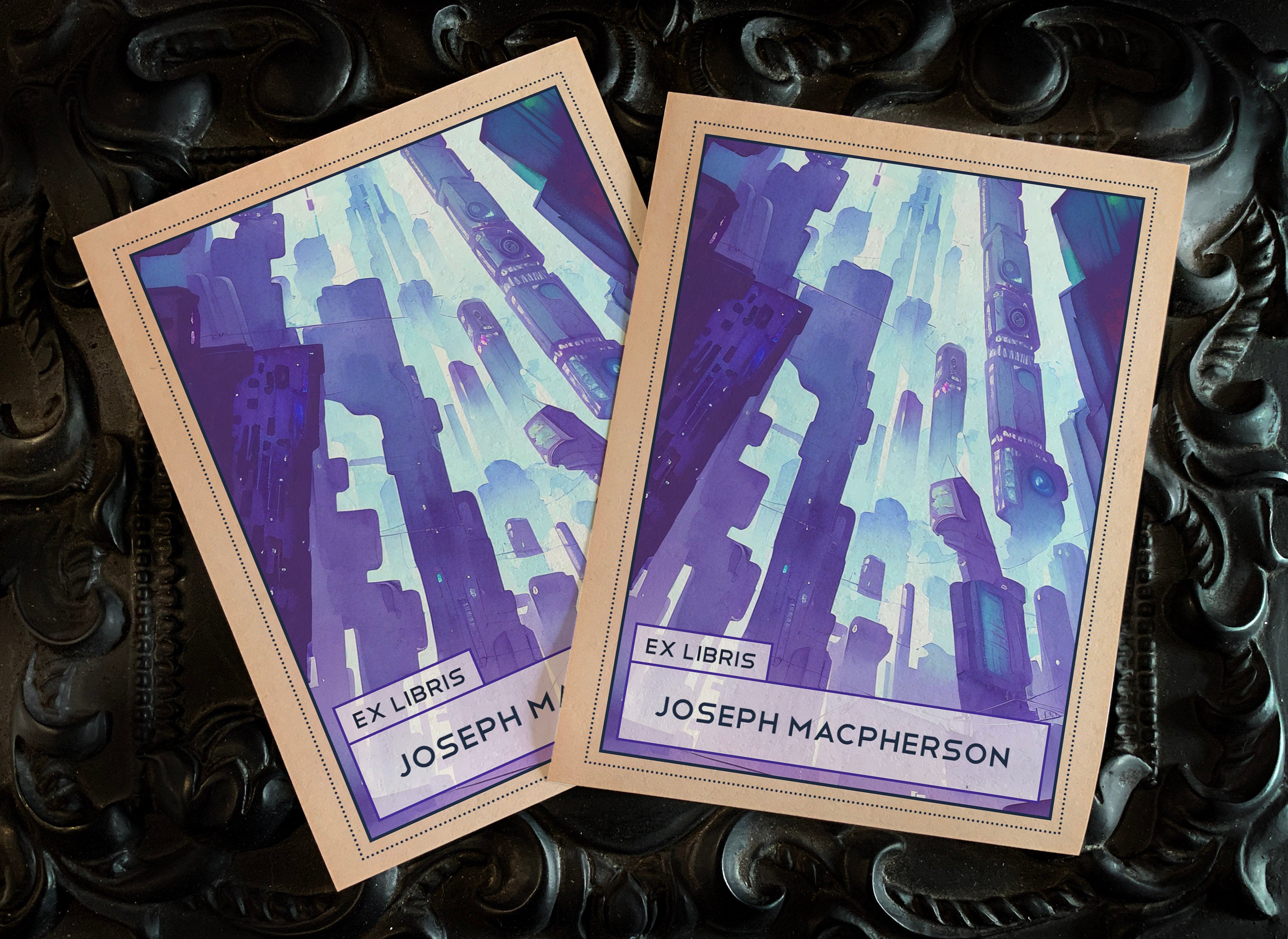 Futuristic City, Personalized Ex-Libris Bookplates, Crafted on Traditional Gummed Paper, 3in x 4in, Set of 30