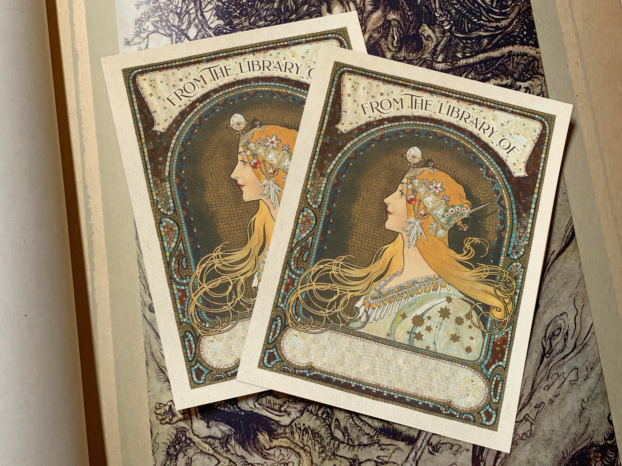 Zodiac Maiden by Alphonse Mucha, Personalized Art Nouveau Ex-Libris Bookplates, Crafted on Traditional Gummed Paper, 3in x 4in, Set of 30