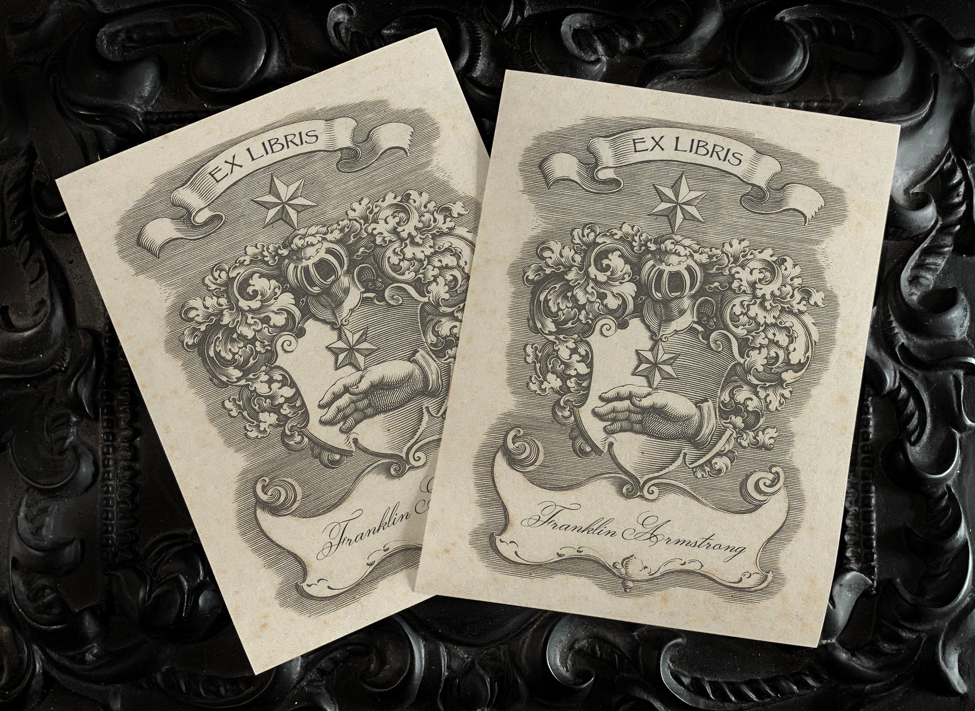 Hand and Star, Personalized Heraldic Ex-Libris Bookplates, Crafted on Traditional Gummed Paper, 3in x 4in, Set of 30
