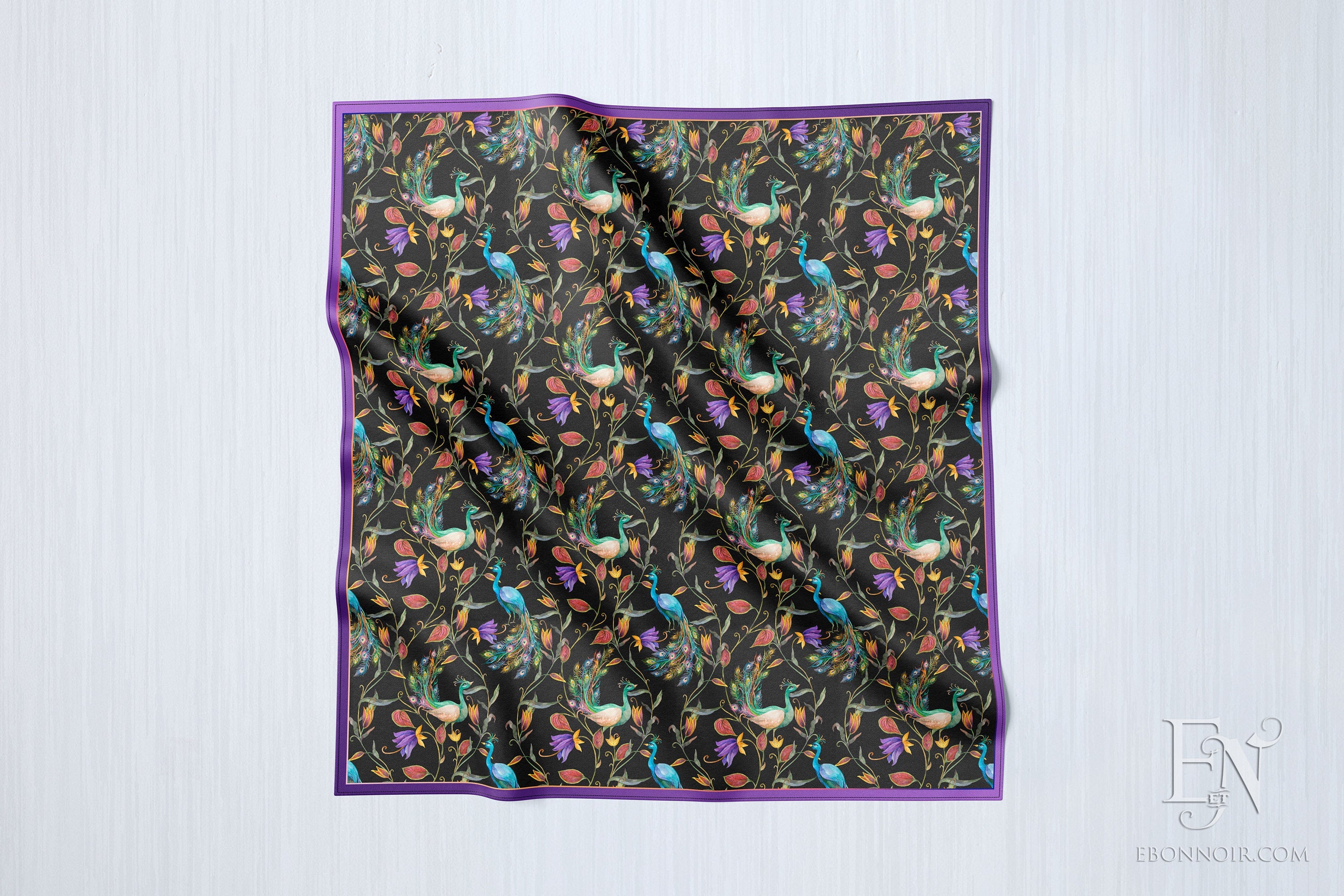 Peacock Forest, Luxurious Square Scarf/Wrap/Boho Shawl, Made to Order, Handmade and Cruelty Free, Exclusively at Ebon et Noir