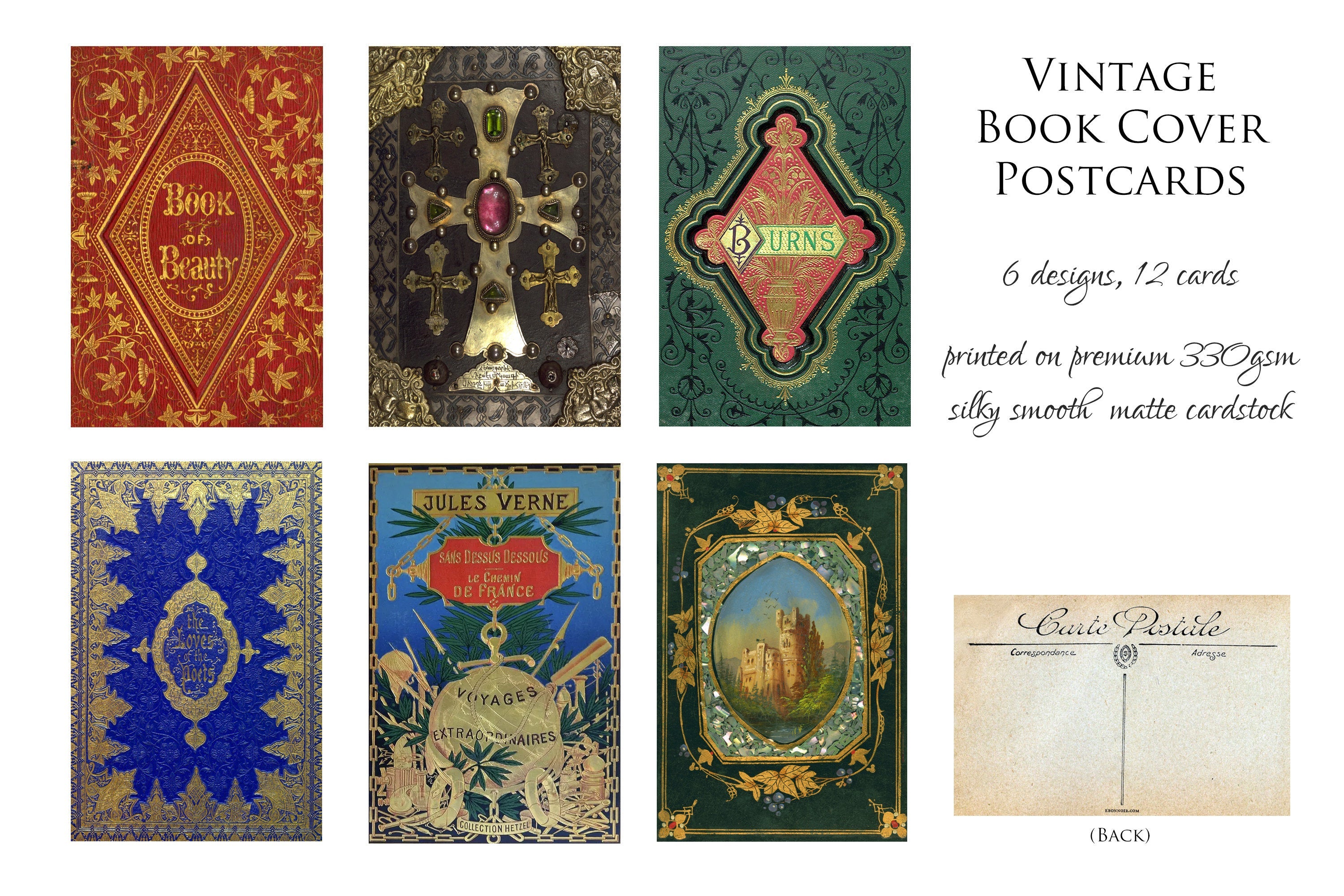 Distinguished Book Bindings Postcard/Greeting Card Set for Literature and Art Lovers, 6 Designs, 12 Cards
