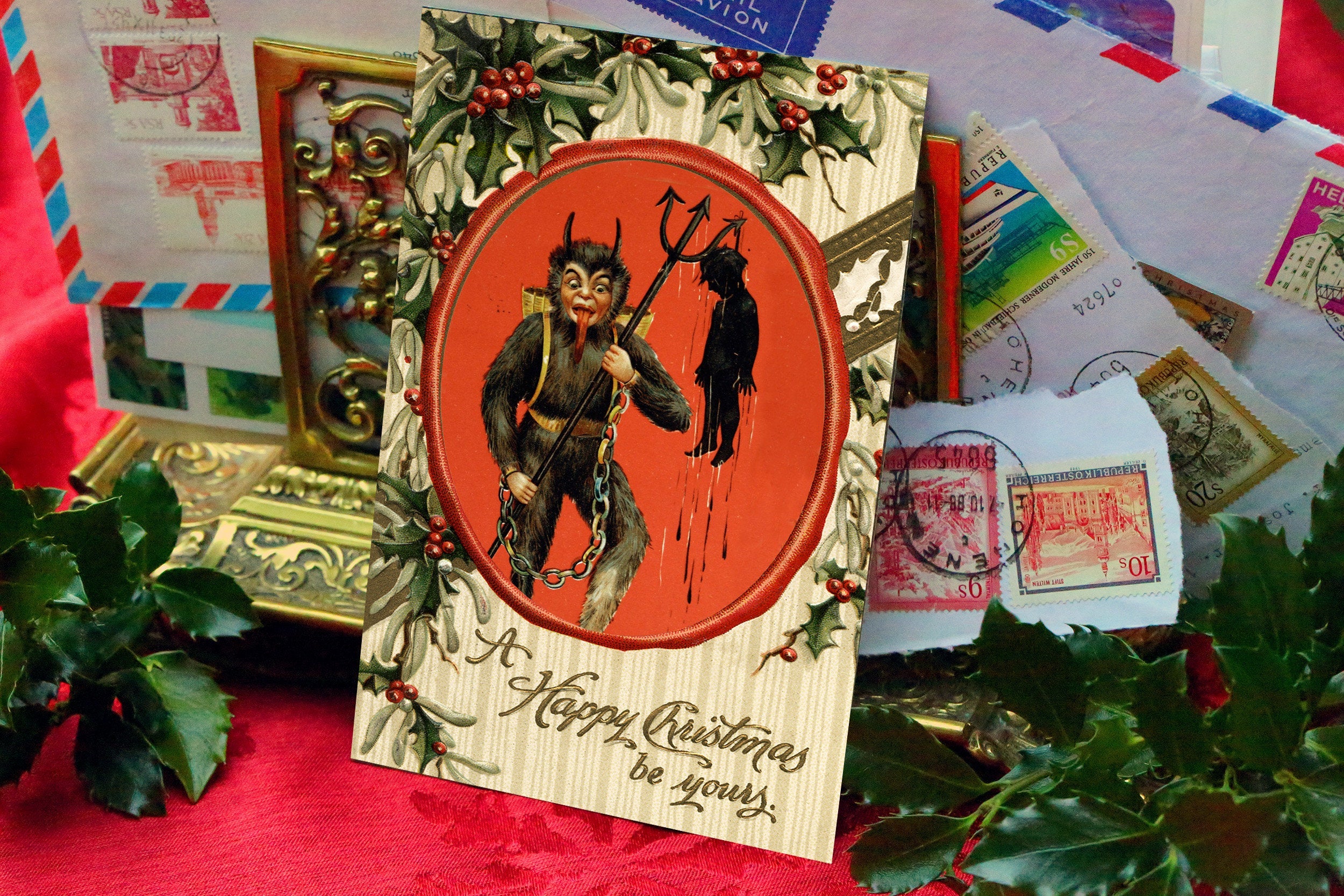 Creepy Krampus Victorian Christmas Postcard Set, 6 Designs, Set of 12