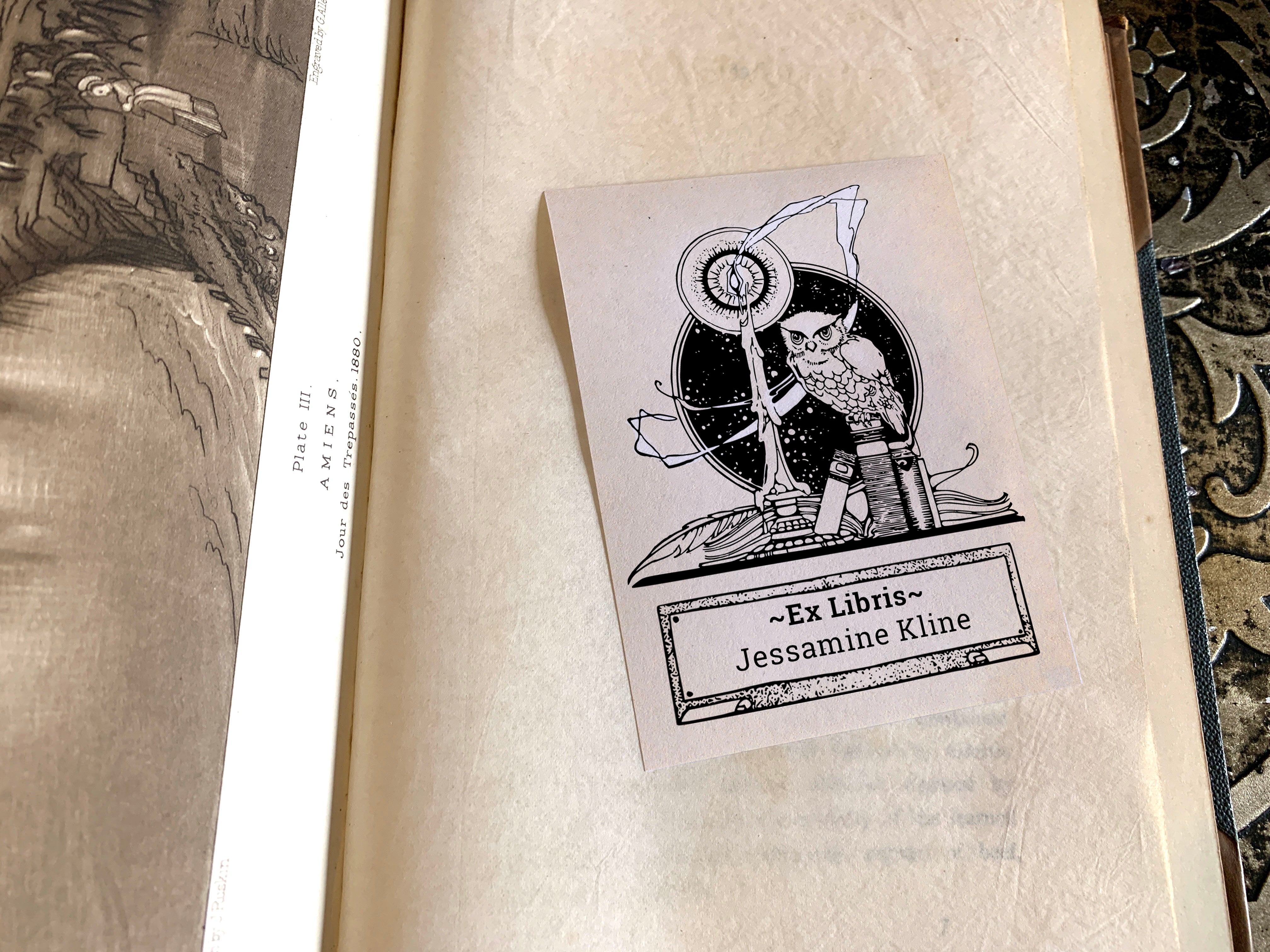 Lamp and Owl, Personalized Ex-Libris Bookplates, Crafted on Traditional Gummed Paper, 3in x 4in, Set of 30