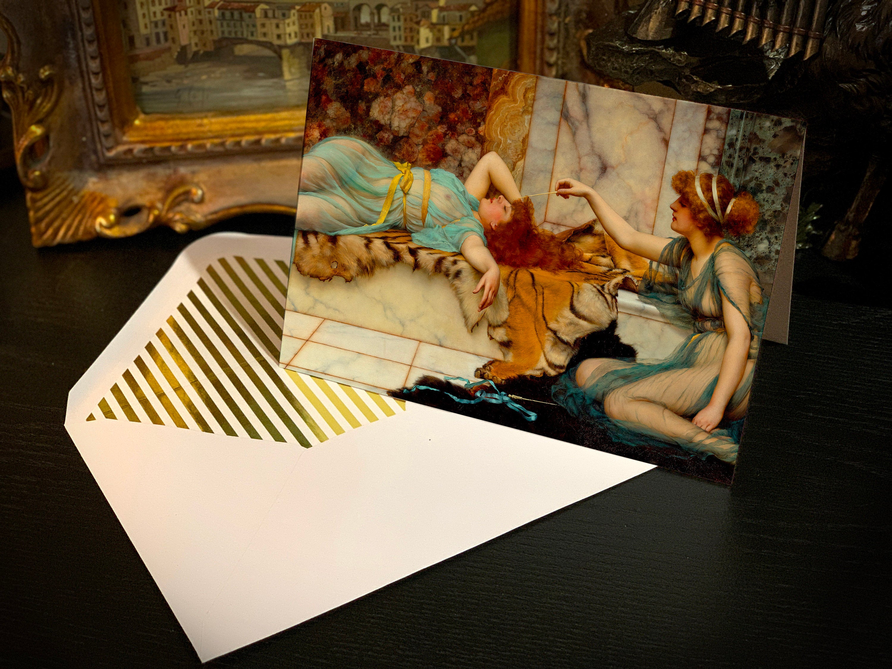 Mischief and Repose by John William Godward, Greeting Card with Elegant Striped Gold Foil Envelope, 1 Card/Envelope