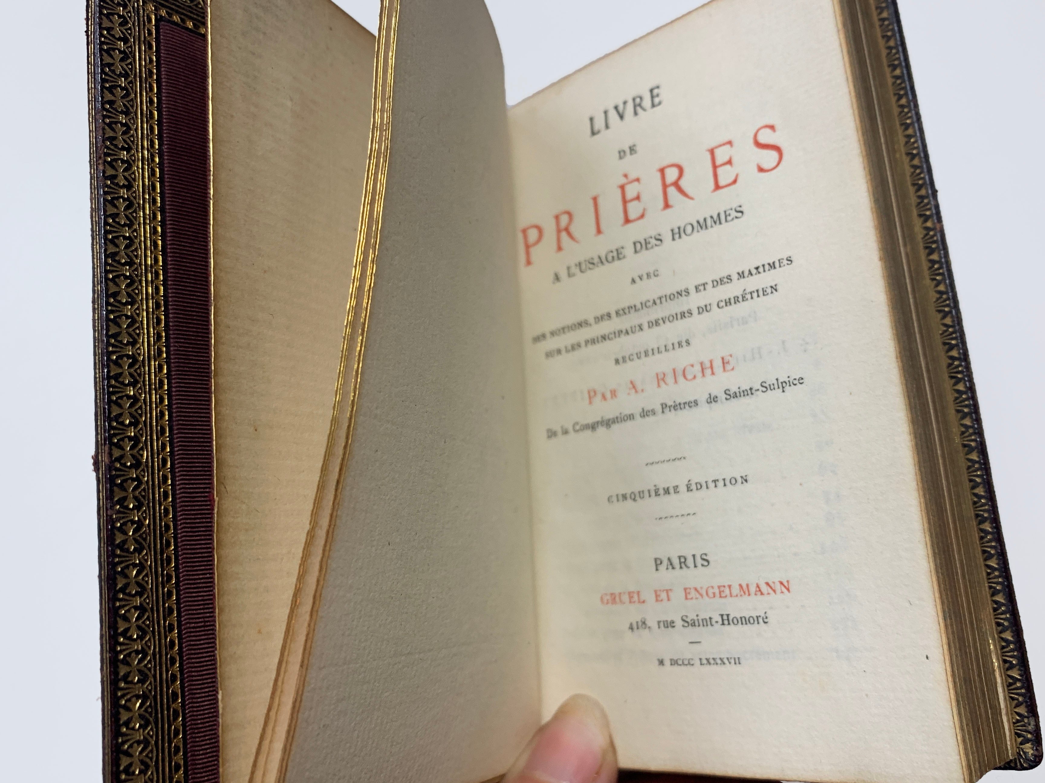 Livre de Prieres, A' L'Usage des Hommes, Gruvel & Engelmann, by A. Riche, 5th Ed, French Language, Rare, Leather, 1887