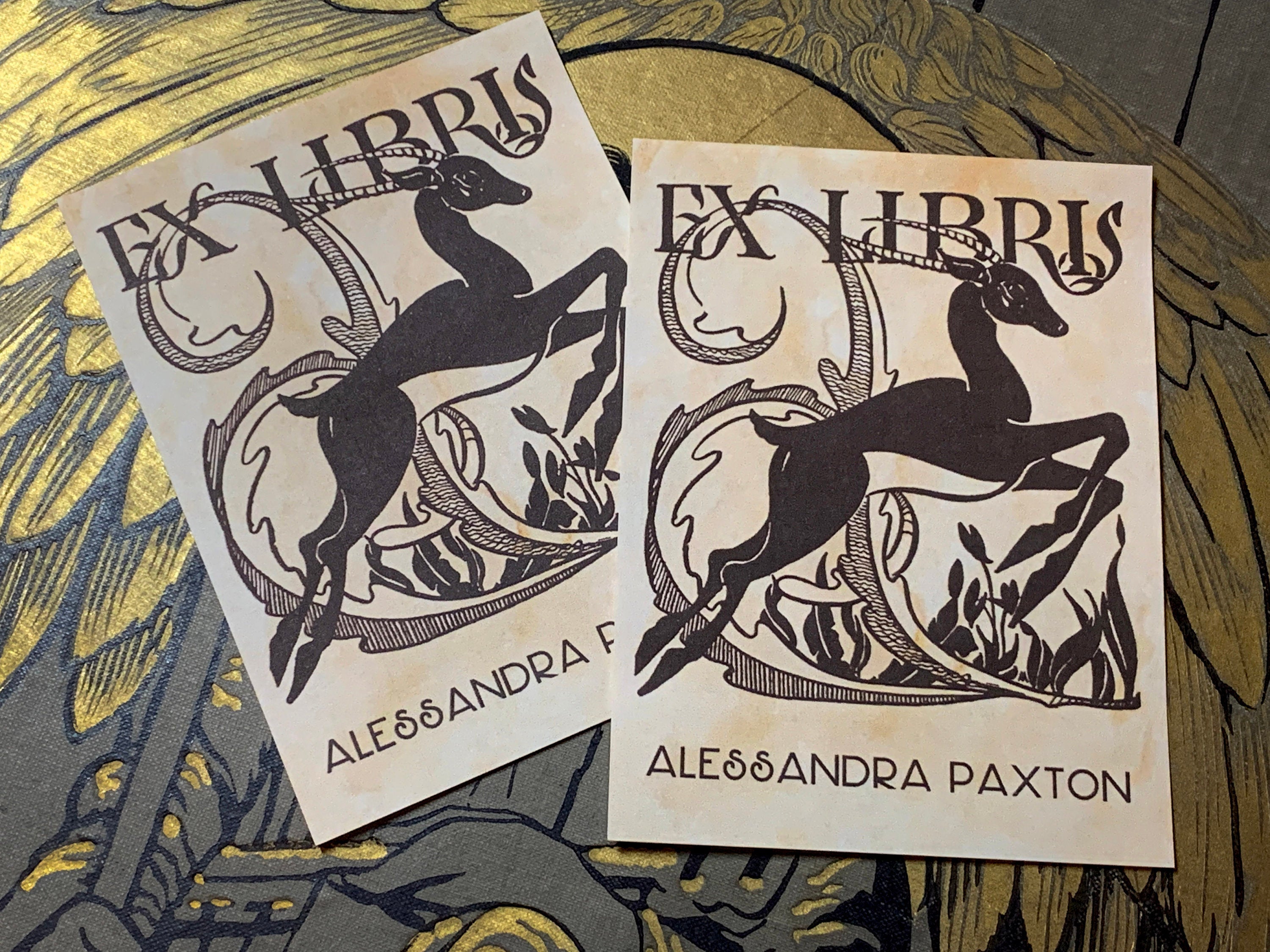 Prancing Antelope, Personalized Art Deco Ex-Libris Bookplates, Crafted on Traditional Gummed Paper, 3in x 4in, Set of 30