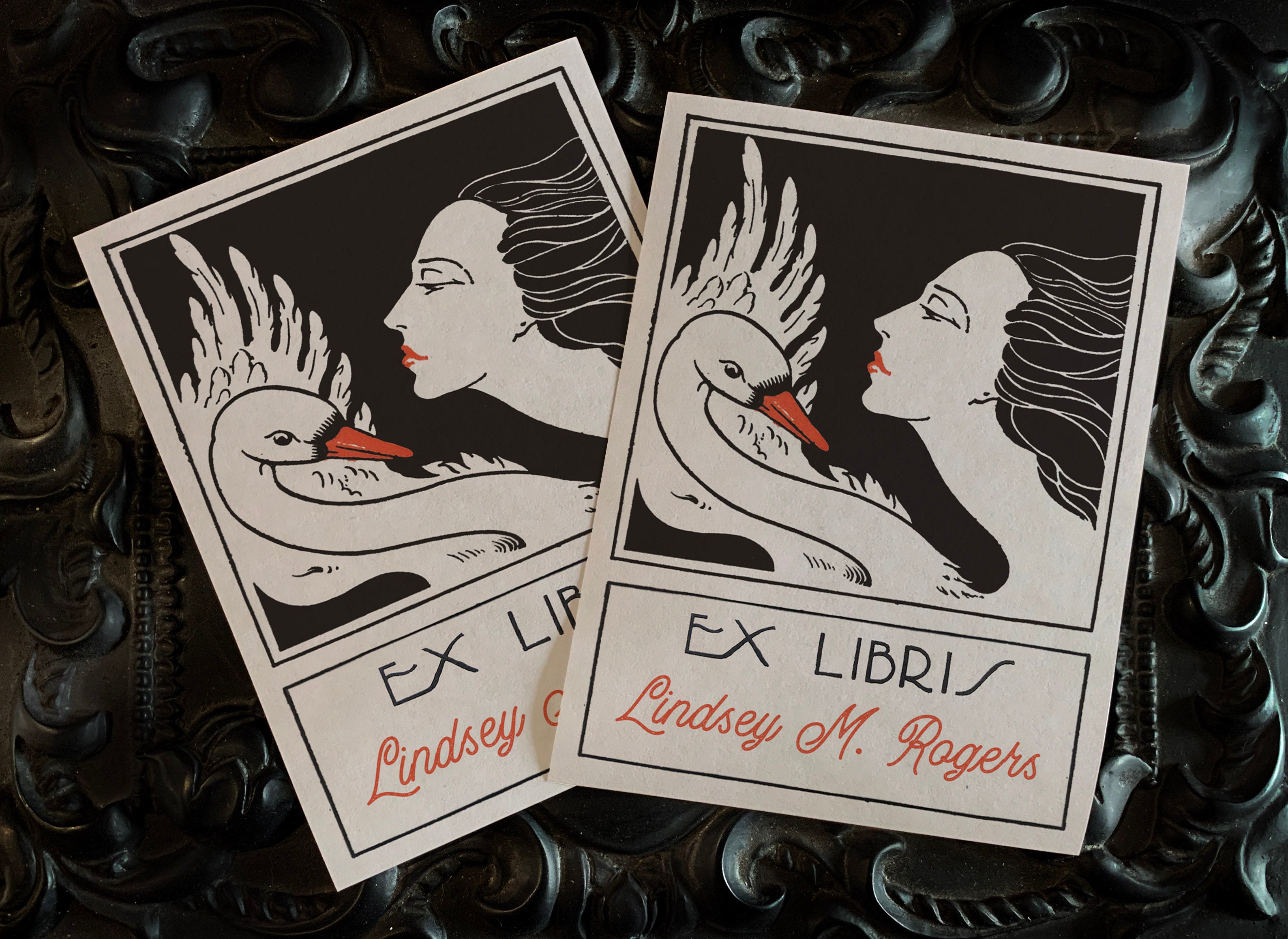 Black Swan, Personalized Art Deco Ex-Libris Bookplates, Crafted on Traditional Gummed Paper, 3in x 4in, Set of 30