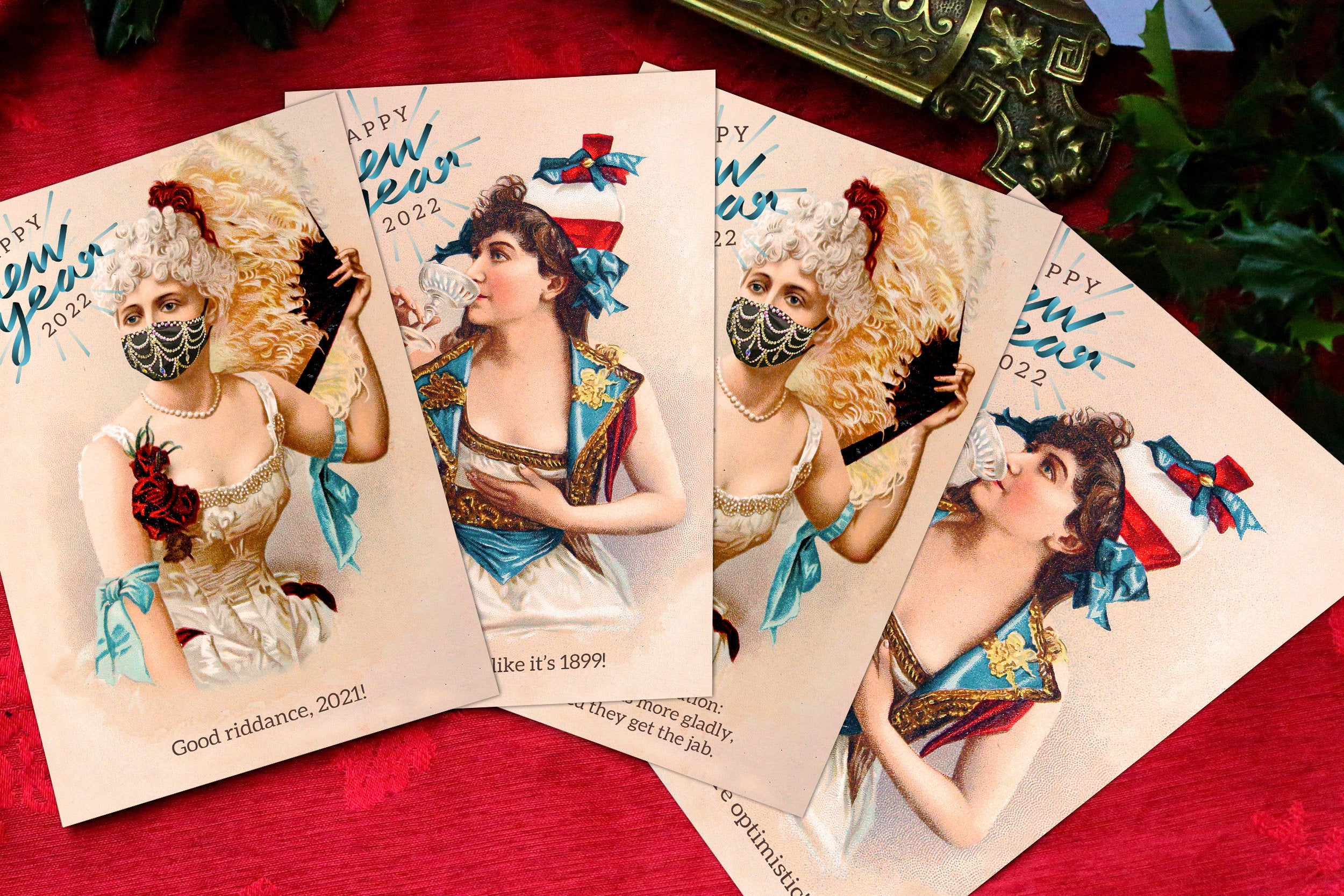 Masked Victorian Debutantes, New Year 2022, Funny Pandemic Postcards, 6 Designs, 12 Cards