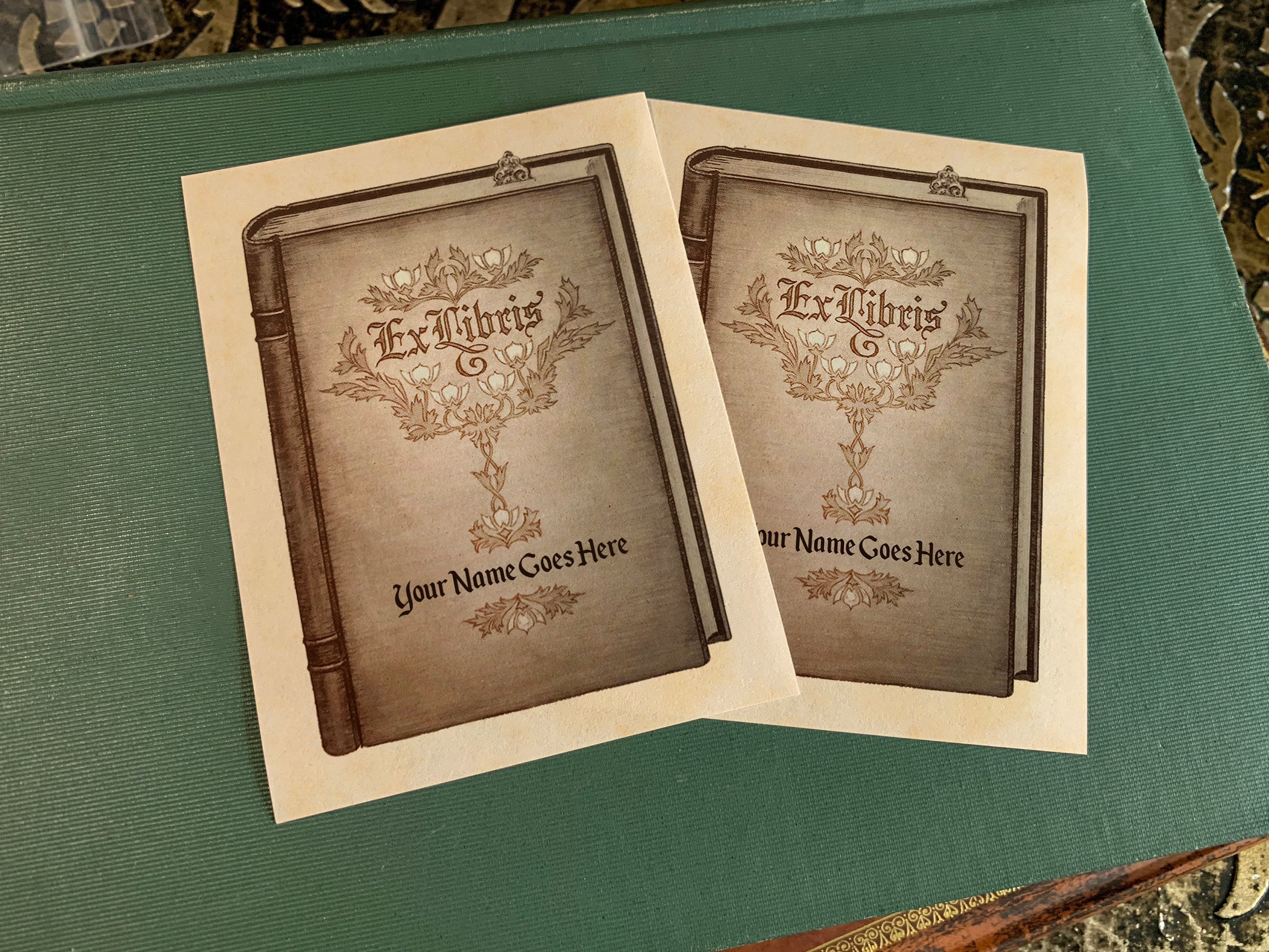 Ornate Book, Personalized Ex-Libris Bookplates, Crafted on Traditional Gummed Paper, 3in x 4in, Set of 30