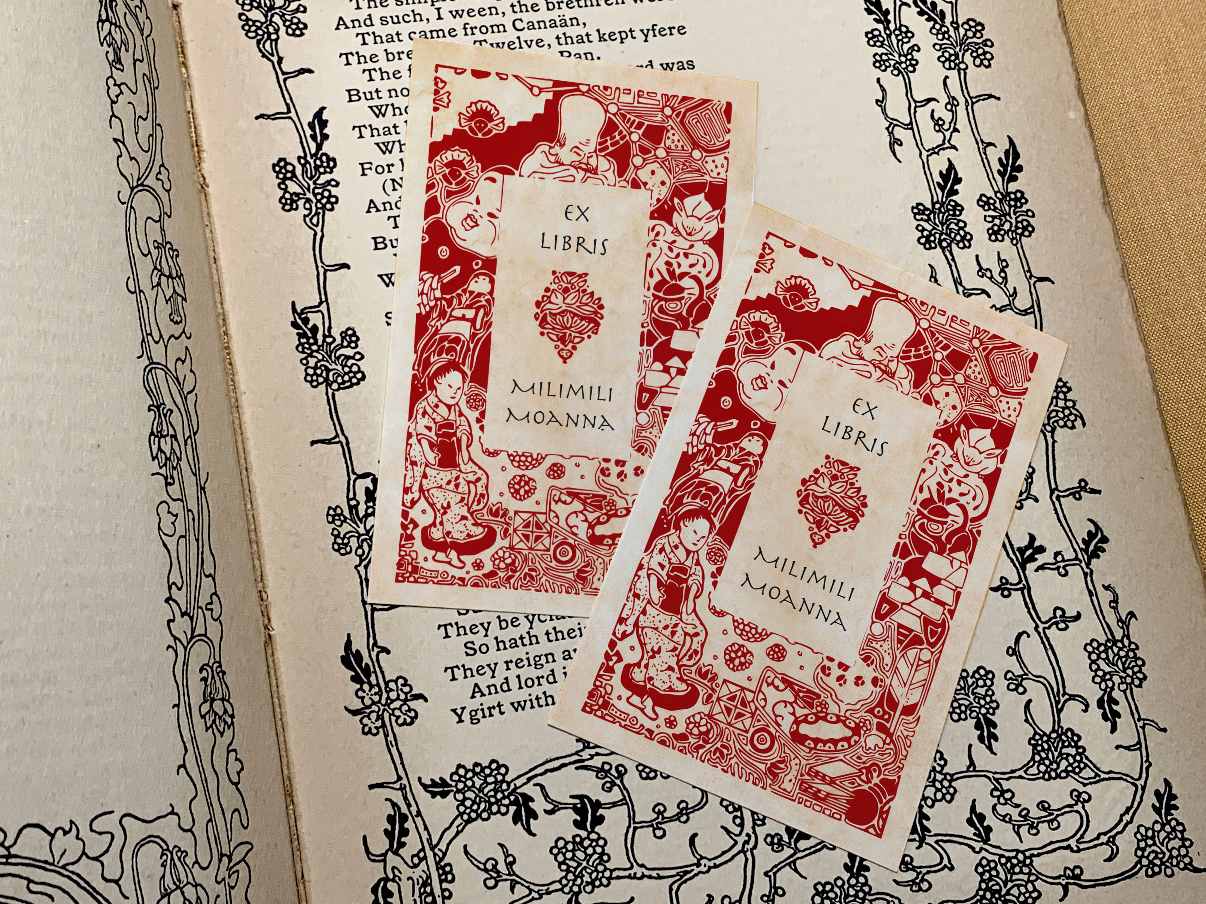 Japanese Toys Woodcut, Personalized Ex-Libris Bookplates, Crafted on Traditional Gummed Paper, 2.5in x 4in, Set of 30
