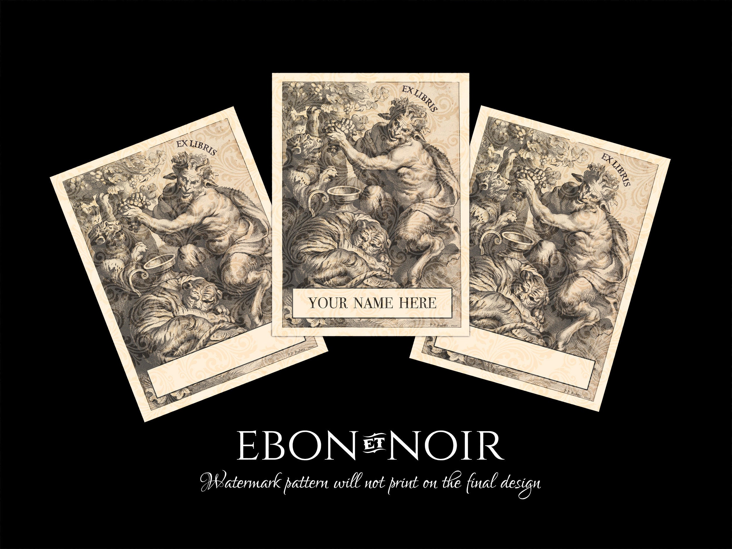 Satyr With Pet Tiger Cubs, Personalized, Ex-Libris Bookplates, Crafted on Traditional Gummed Paper, 3in x 4in, Set of 30