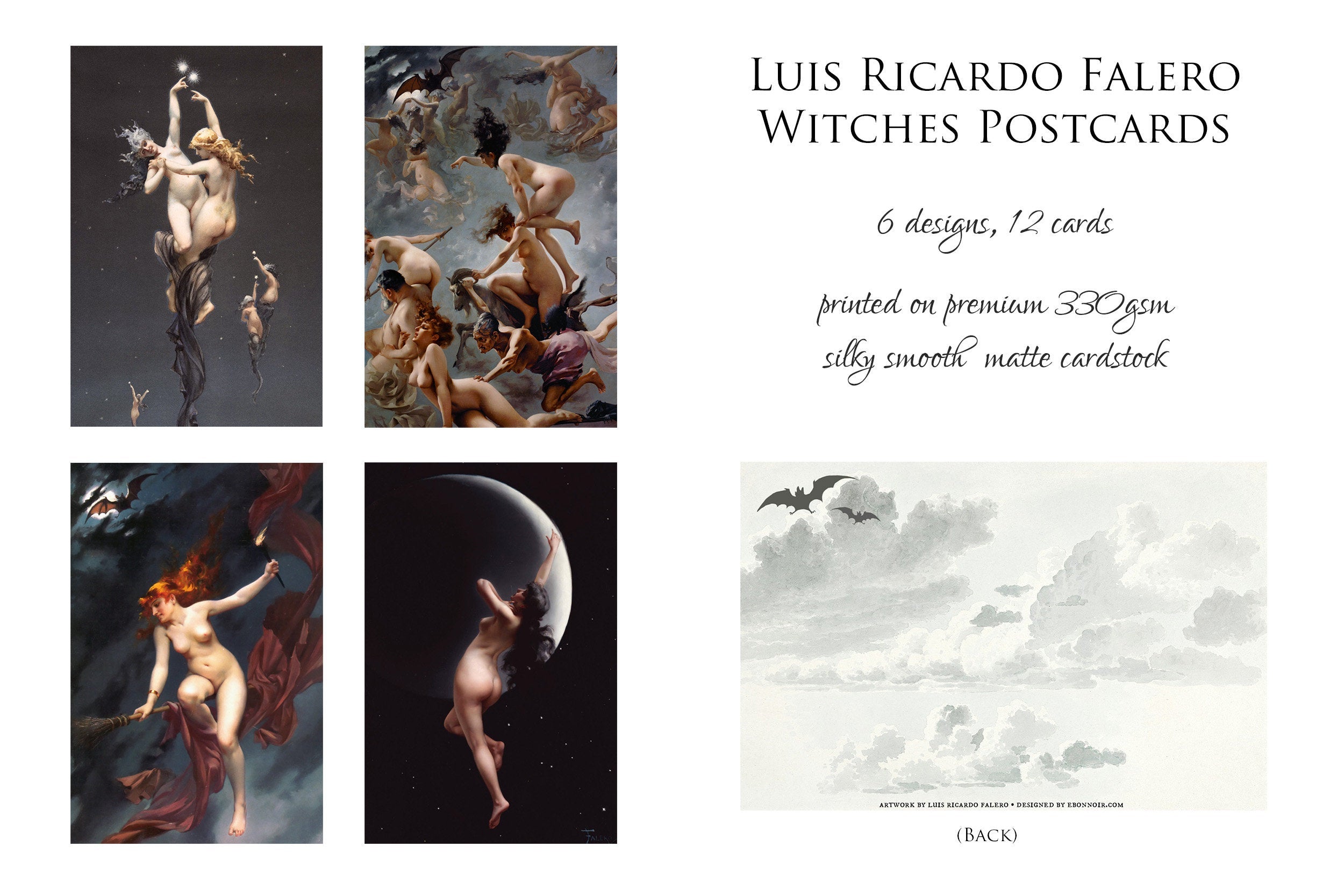 Witches by Luis Ricardo Falero, Postcard/Greeting Card Set, Exclusively Designed, 4 Designs, 12 Cards