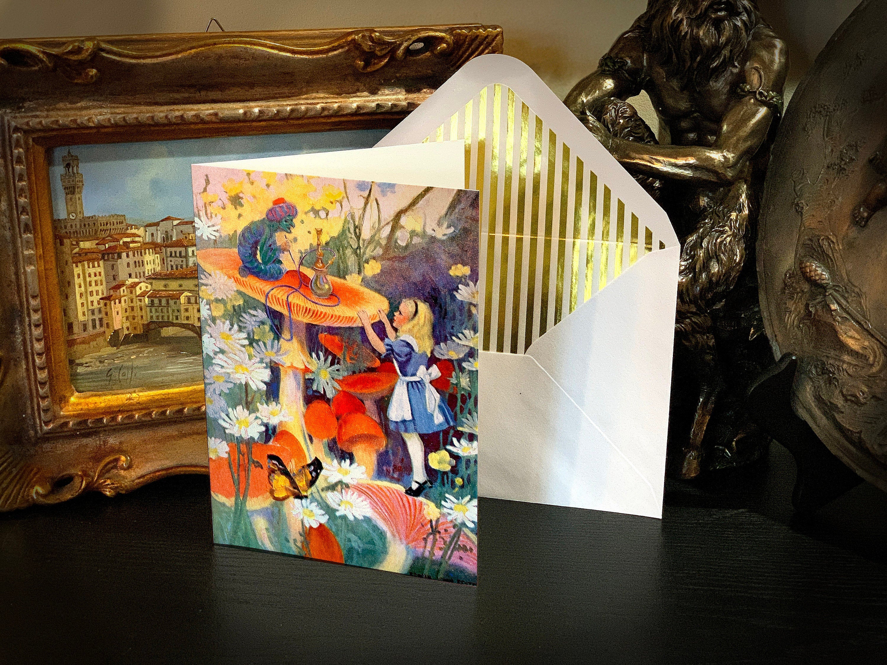 Alice and the Caterpillar, Alice in Wonderland Greeting Card with Elegant Striped Gold Foil Envelope, 1 Card/Envelope