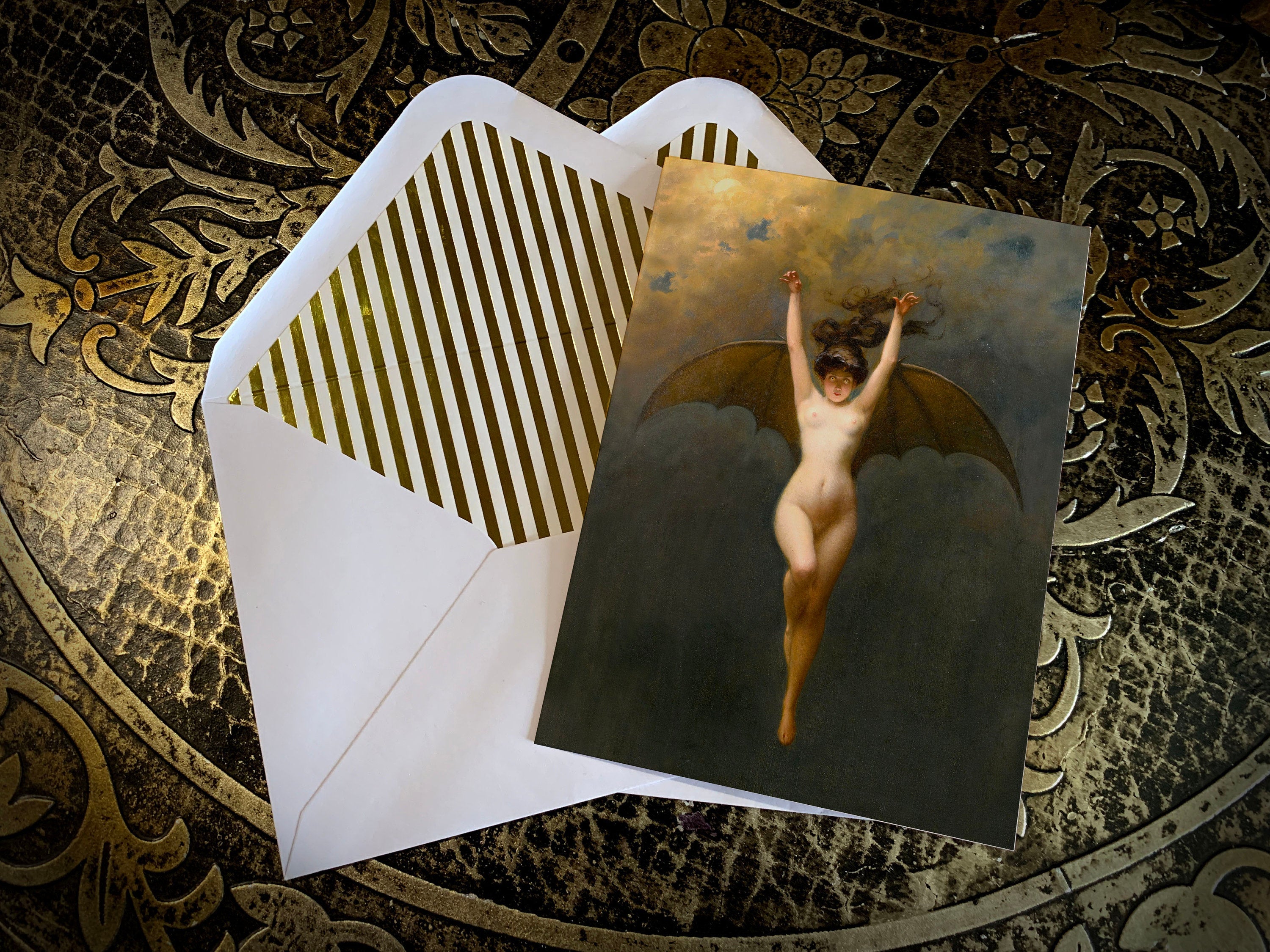 La Femme Chauve-Souris (Bat Woman) by Albert Joseph Pénot, Gothic Greeting Card with Elegant Striped Gold Foil Envelope, 1 Card/Envelope