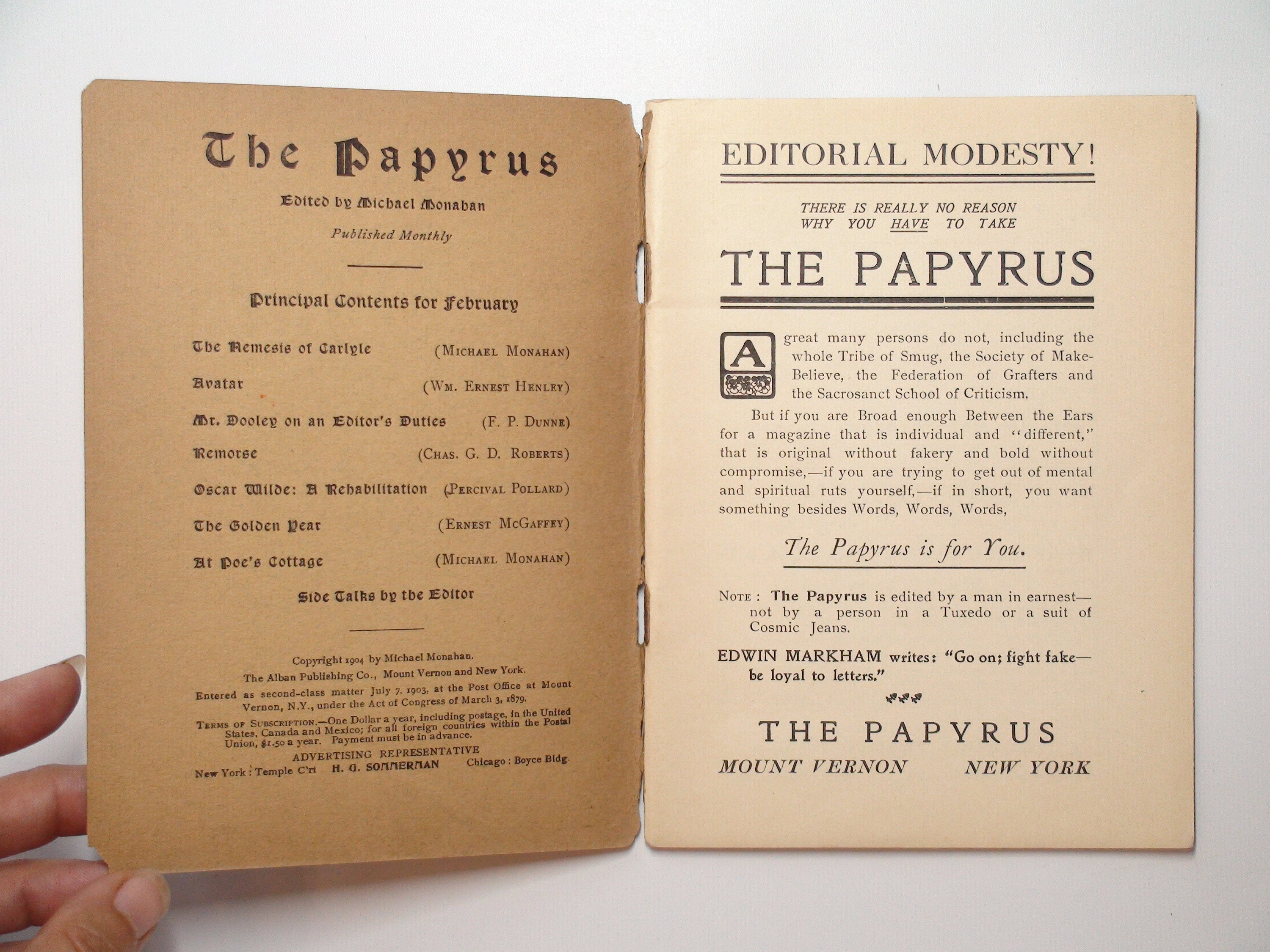 The Papyrus Magazine, Ed. by Michael Monahan, RARE, 1st Ed, February 1904