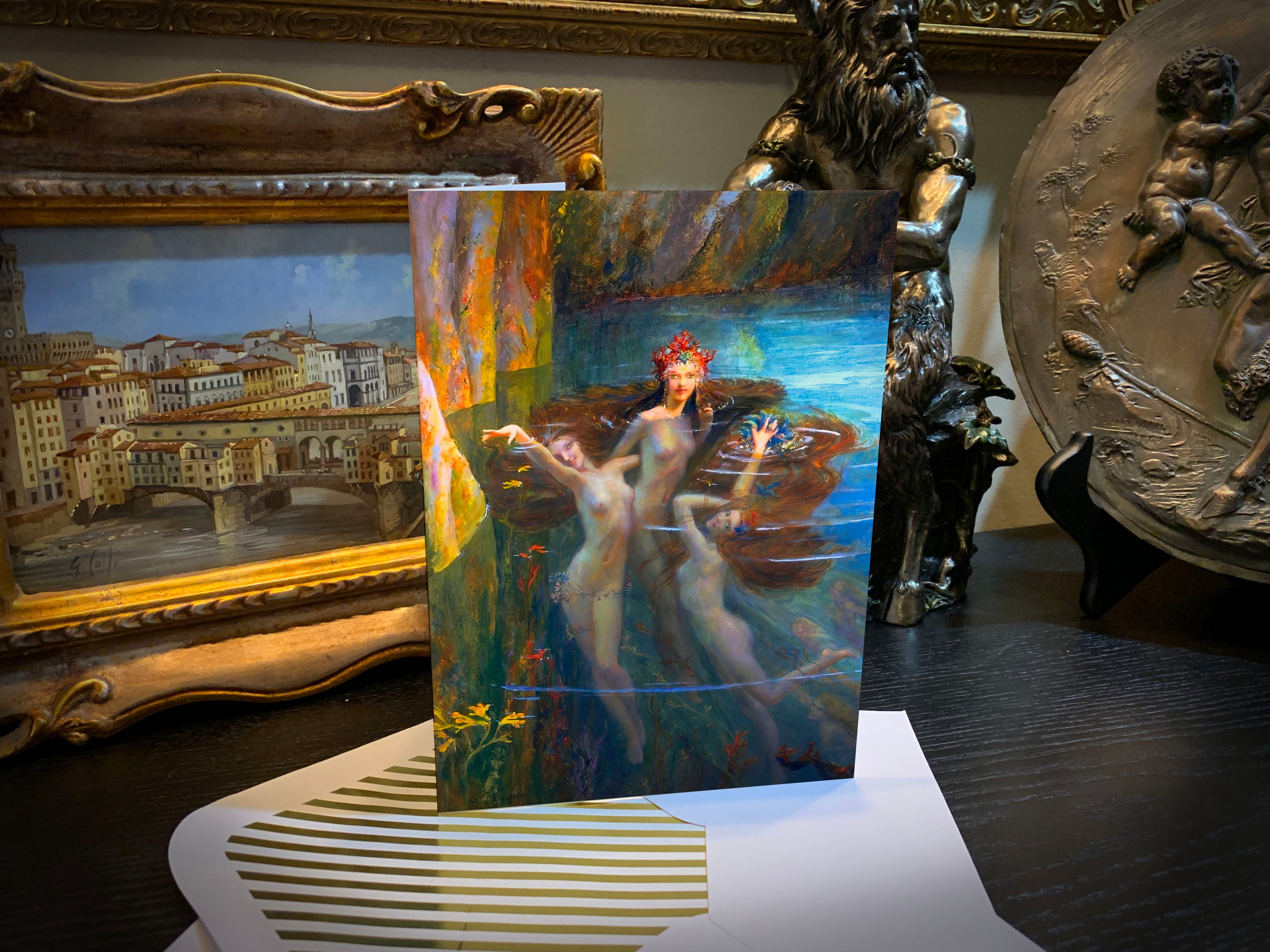 Water Nymphs by Gaston Bussiere, Everyday Greeting Cards with Elegant Striped Gold Foil Envelopes, 5in x 7in, 5 Cards/5 Envelopes