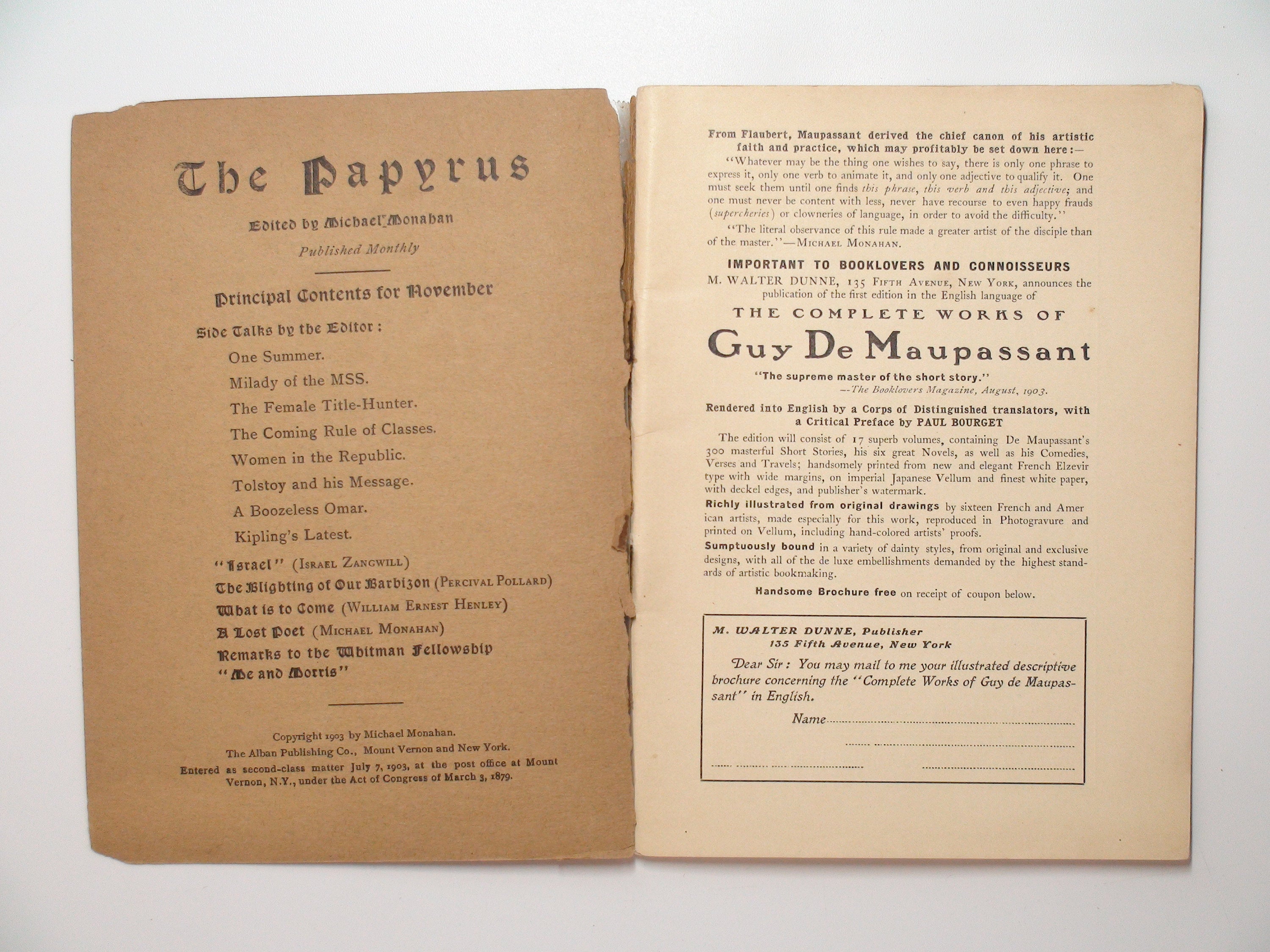 The Papyrus Magazine, Ed. by Michael Monahan, RARE, 1st Ed, November 1903