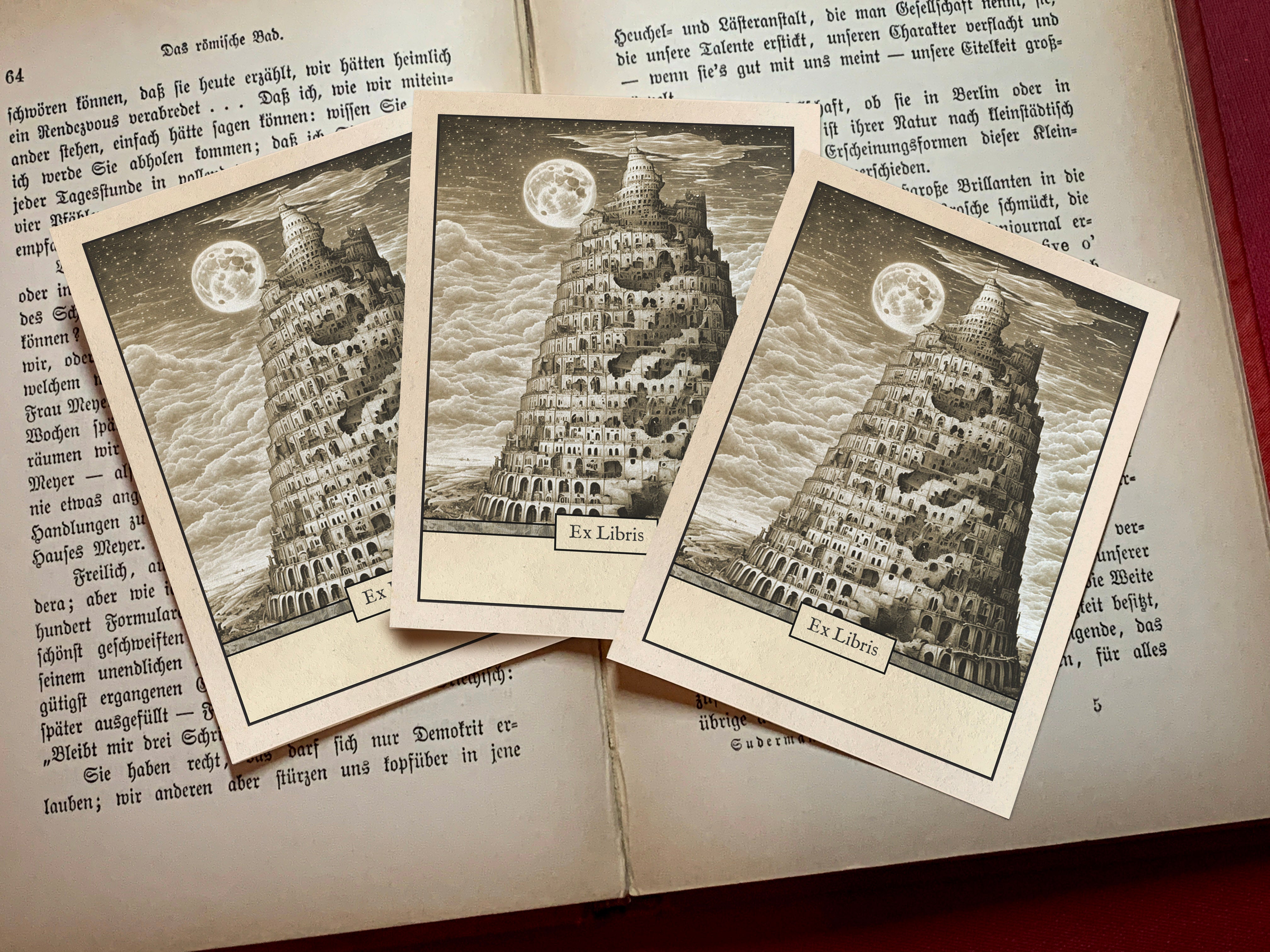 Tower of Babel, Personalized Ex-Libris Bookplates, Crafted on Traditional Gummed Paper, 3in x 4in, Set of 30