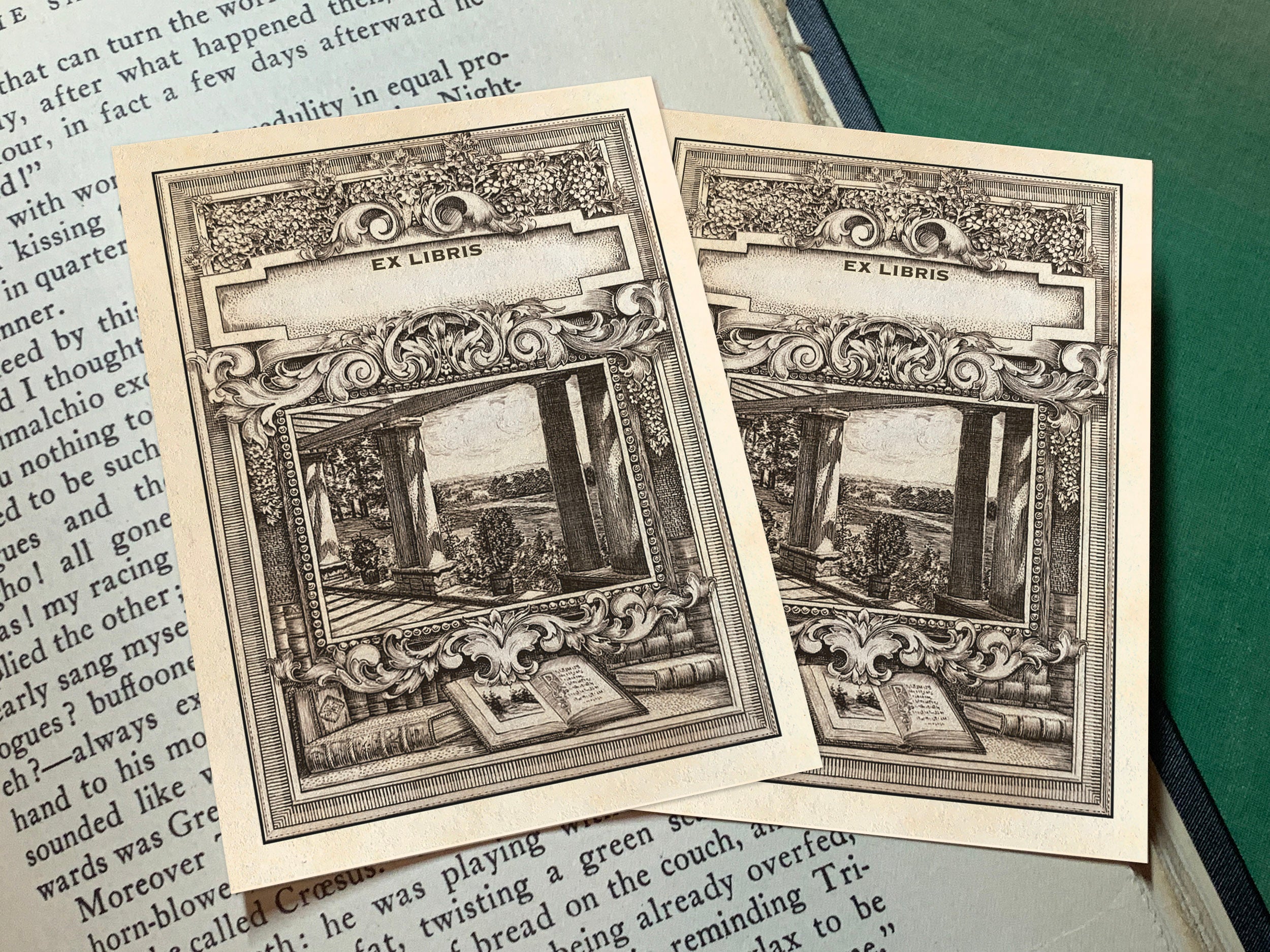 Bucolic Vista, Personalized Ex-Libris Bookplates, Crafted on Traditional Gummed Paper, 3in x 4in, Set of 30