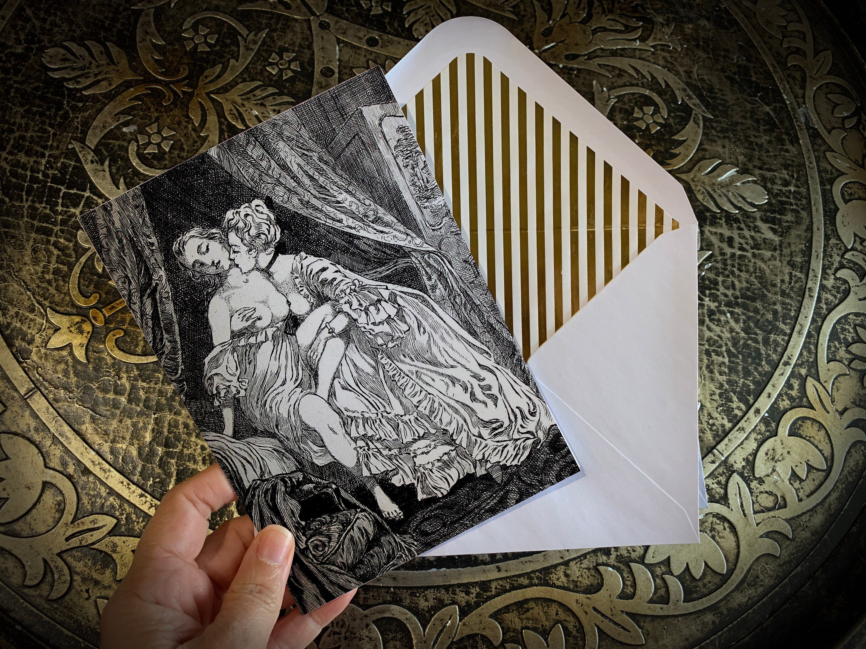Lesbian Lovers by Martin van Maële, Erotic Greeting Card with Gold Foil Envelope, 1 Card/Envelope
