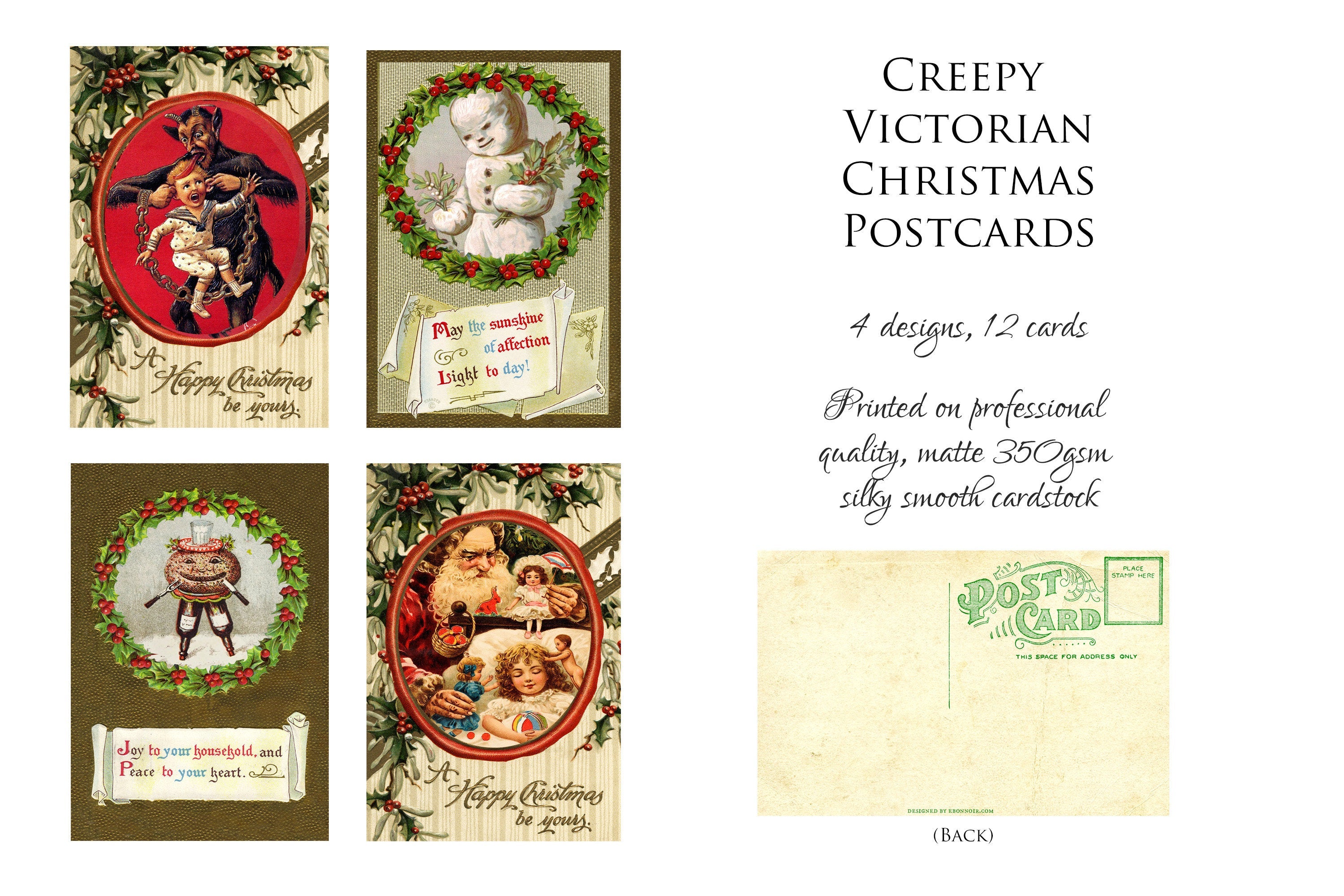 Creepy Victorian Christmas Postcard Set, 4 Designs, Set of 12