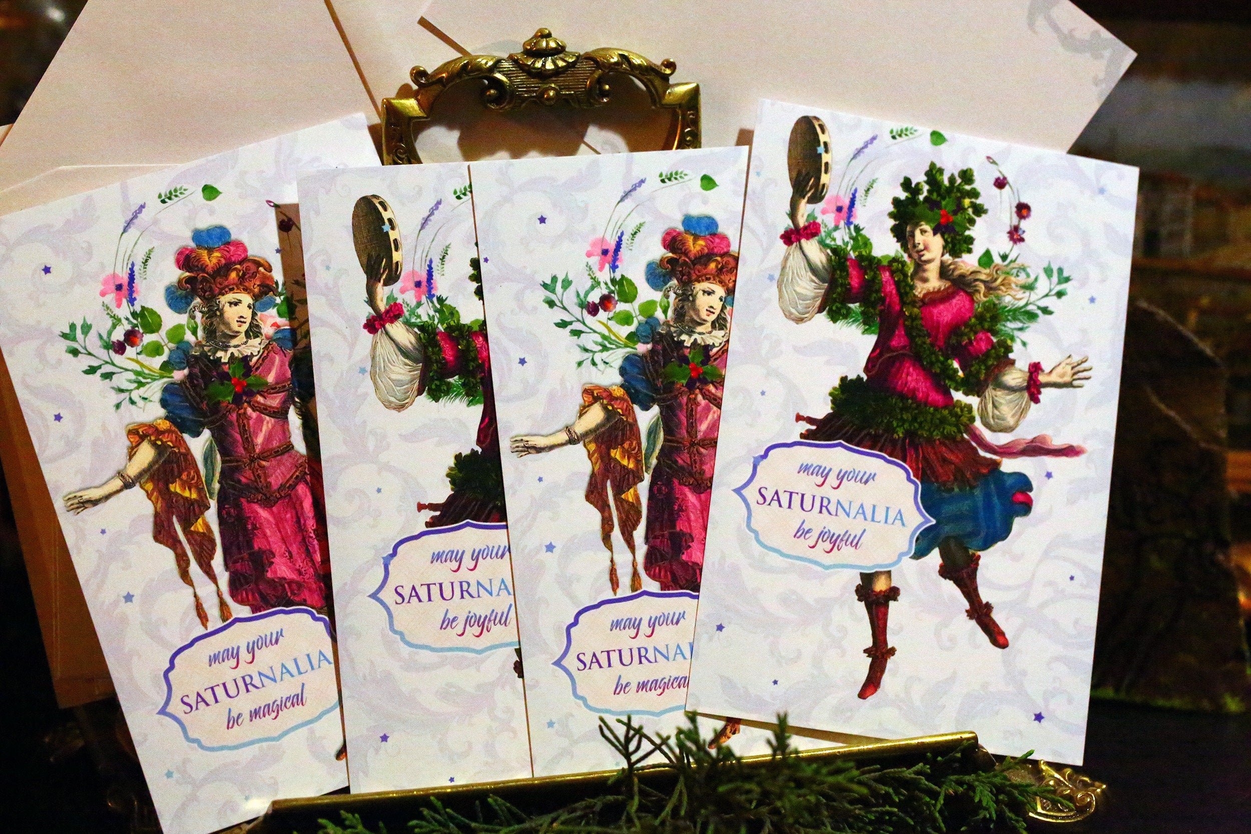 Saturnalia Revelers Pagan Holiday Postcards/Greeting Cards, Exclusively Designed, 4 Designs, 12 Cards