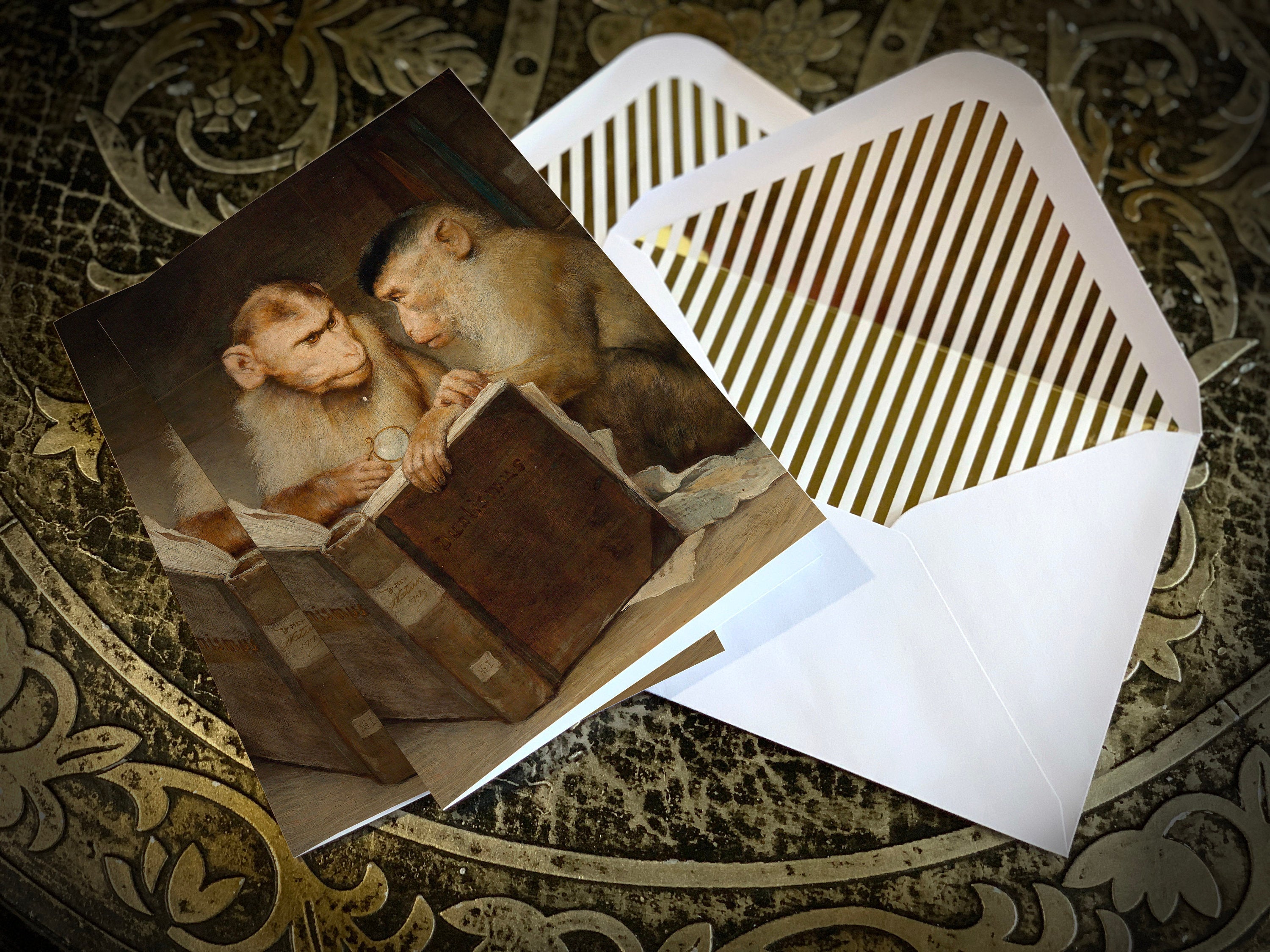The Monkey Scholars, Bookish Greeting Card with Elegant Striped Gold Foil Envelope, 1 Card/Envelope