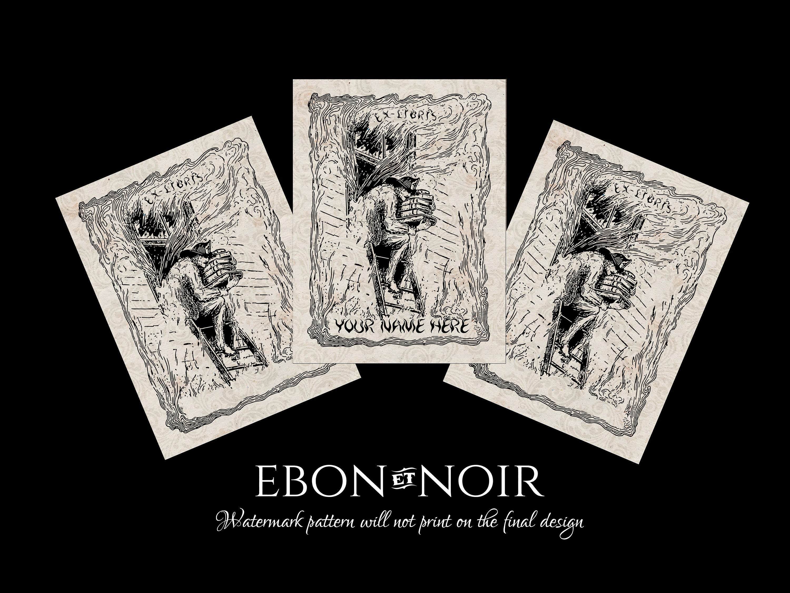 Firefighter Saving Books, Personalized Ex-Libris Bookplates, Crafted on Traditional Gummed Paper, 3in x 4in, Set of 30
