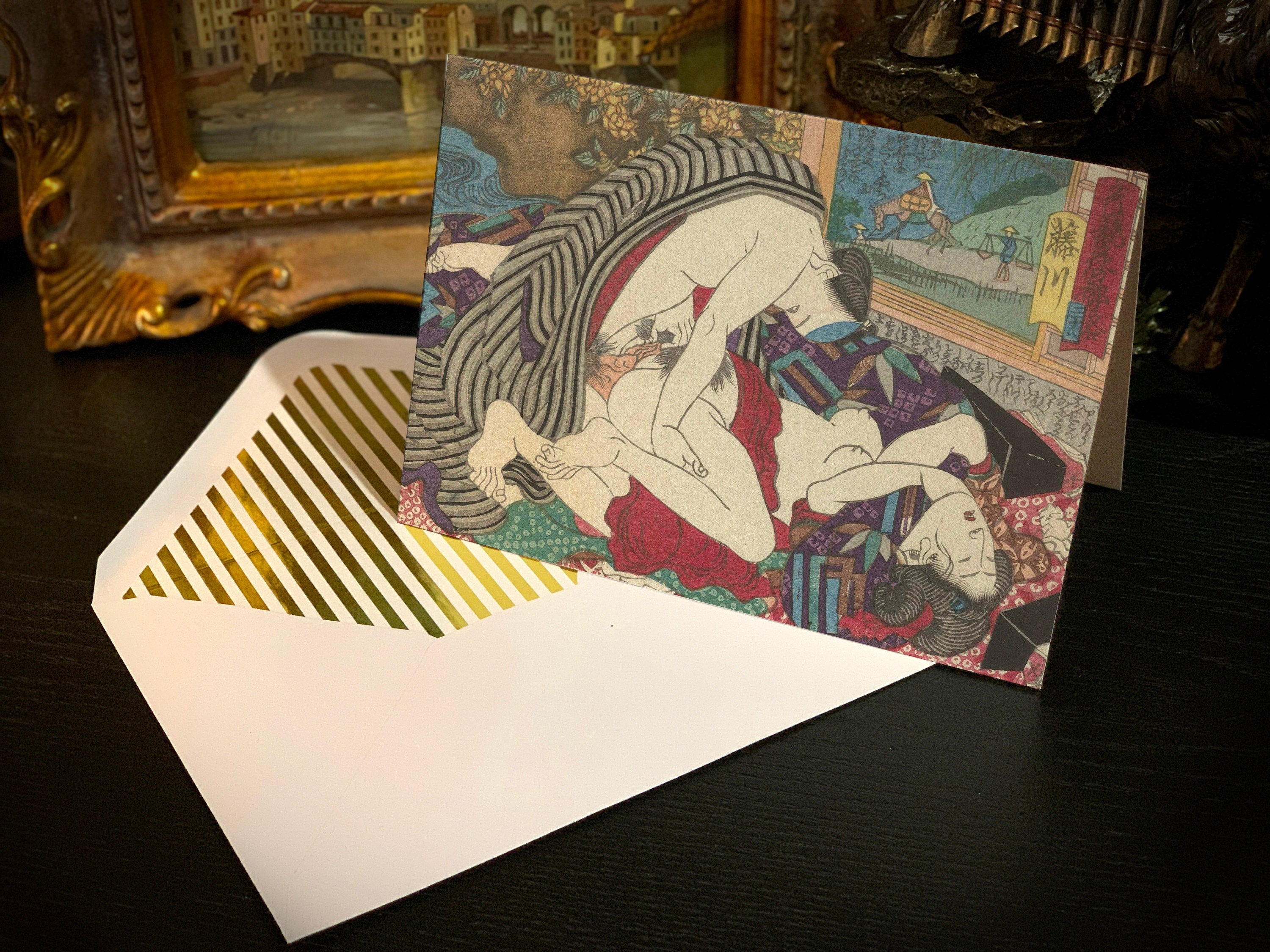 The Stopping Place in Fujikawa by Kunisada, Erotic Greeting Card with Elegant Striped Gold Foil Envelope, 1 Card/Envelope