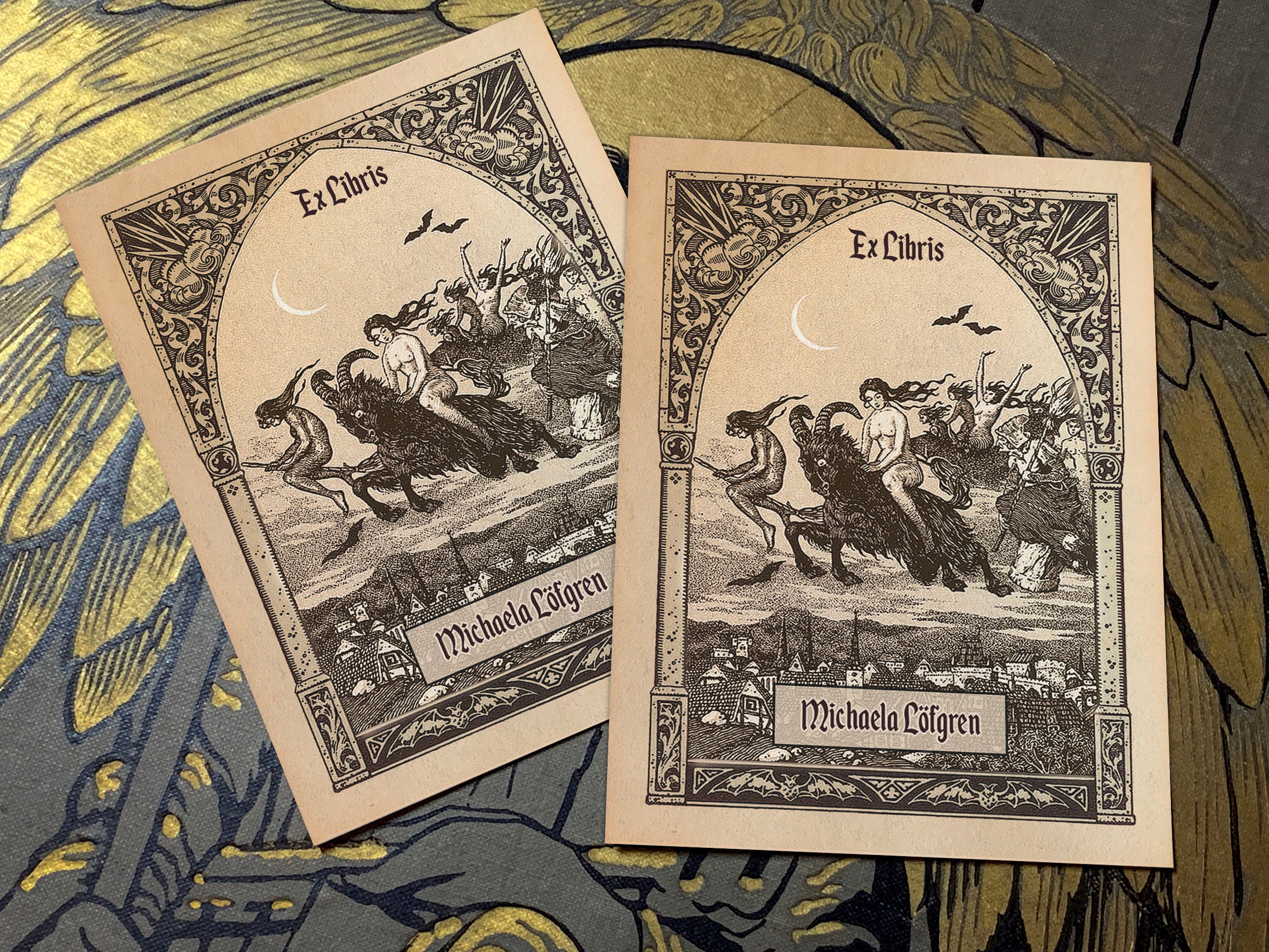 Witches Flying to Sabbath, Ex-Libris Bookplates, Crafted on Traditional Gummed Paper, 3in x 4in, Set of 30