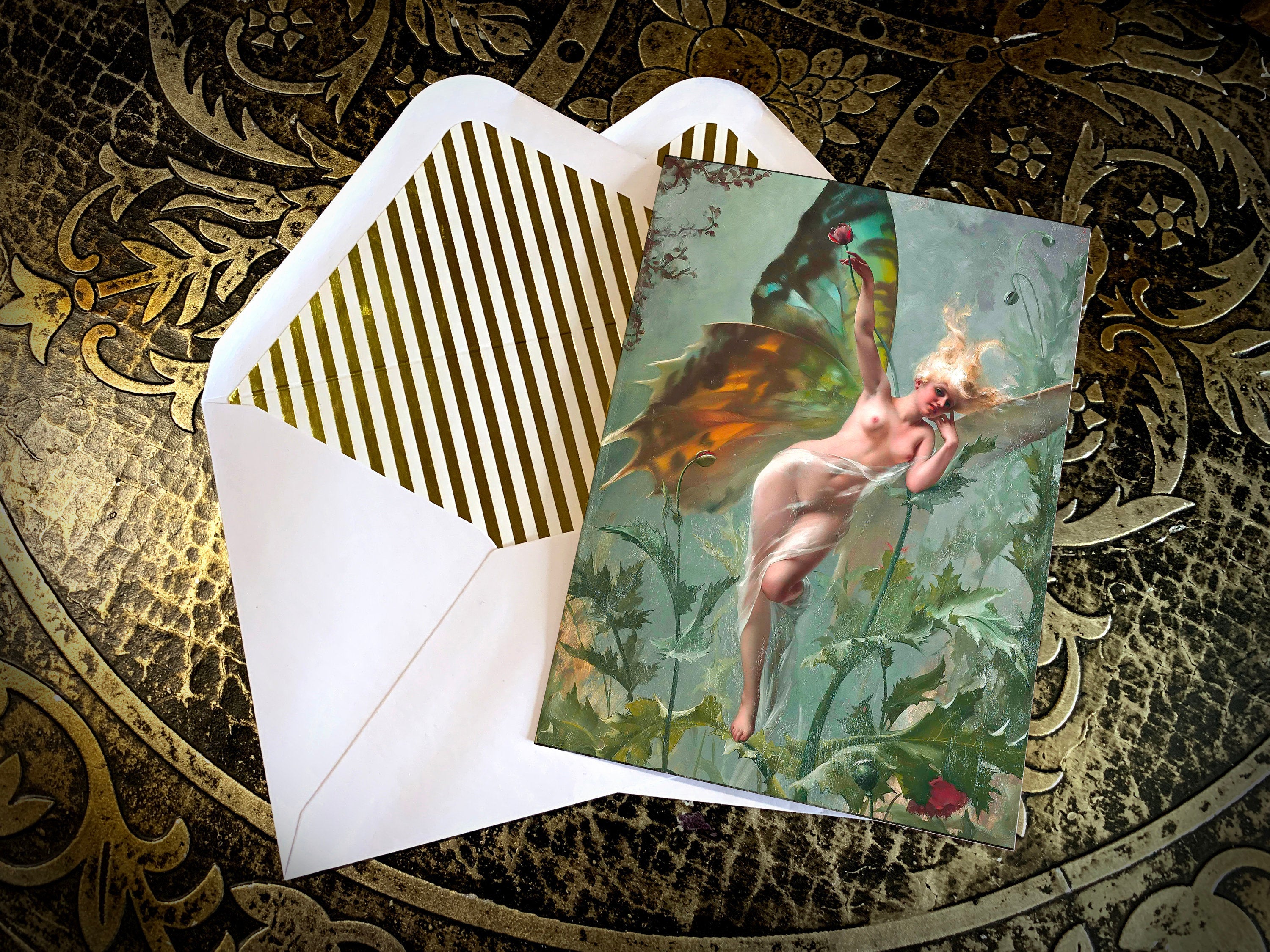 The Poppy Fairy by Luis Ricardo Falero, Greeting Card with Elegant Striped Gold Foil Envelope, 1 Card/Envelope
