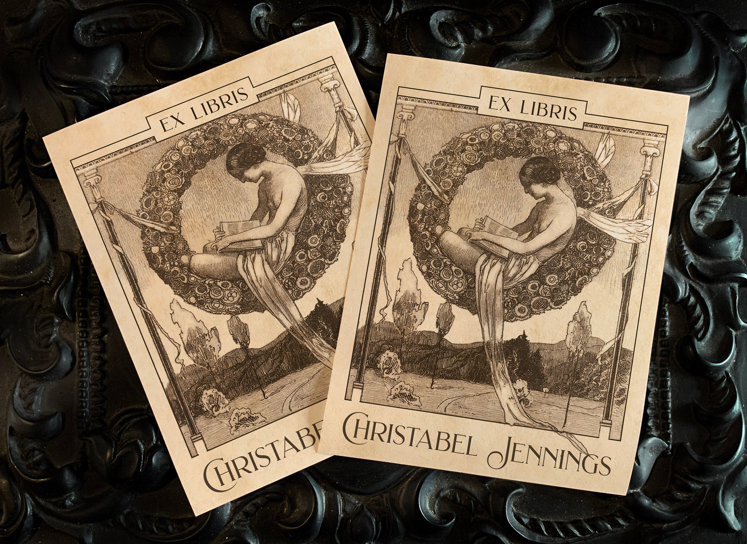 Fairy On a Wreath, Personalized Ex-Libris Bookplates, Crafted on Traditional Gummed Paper, 3in x 4in, Set of 30